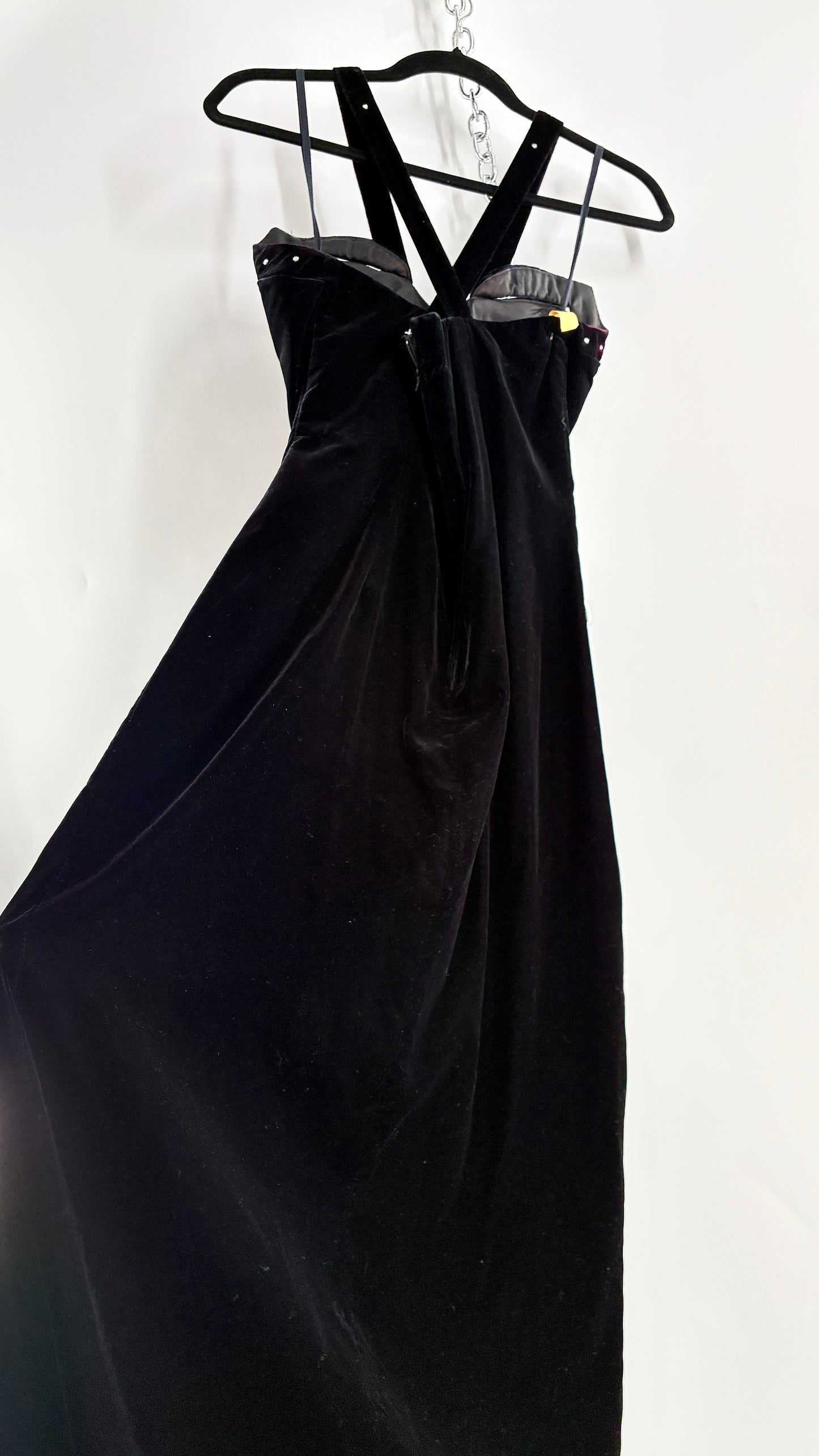 Vintage Handmade Velvet Gown with Pointed Bust Lined in Rhinestones and Dramatic Side Slit (S/M)