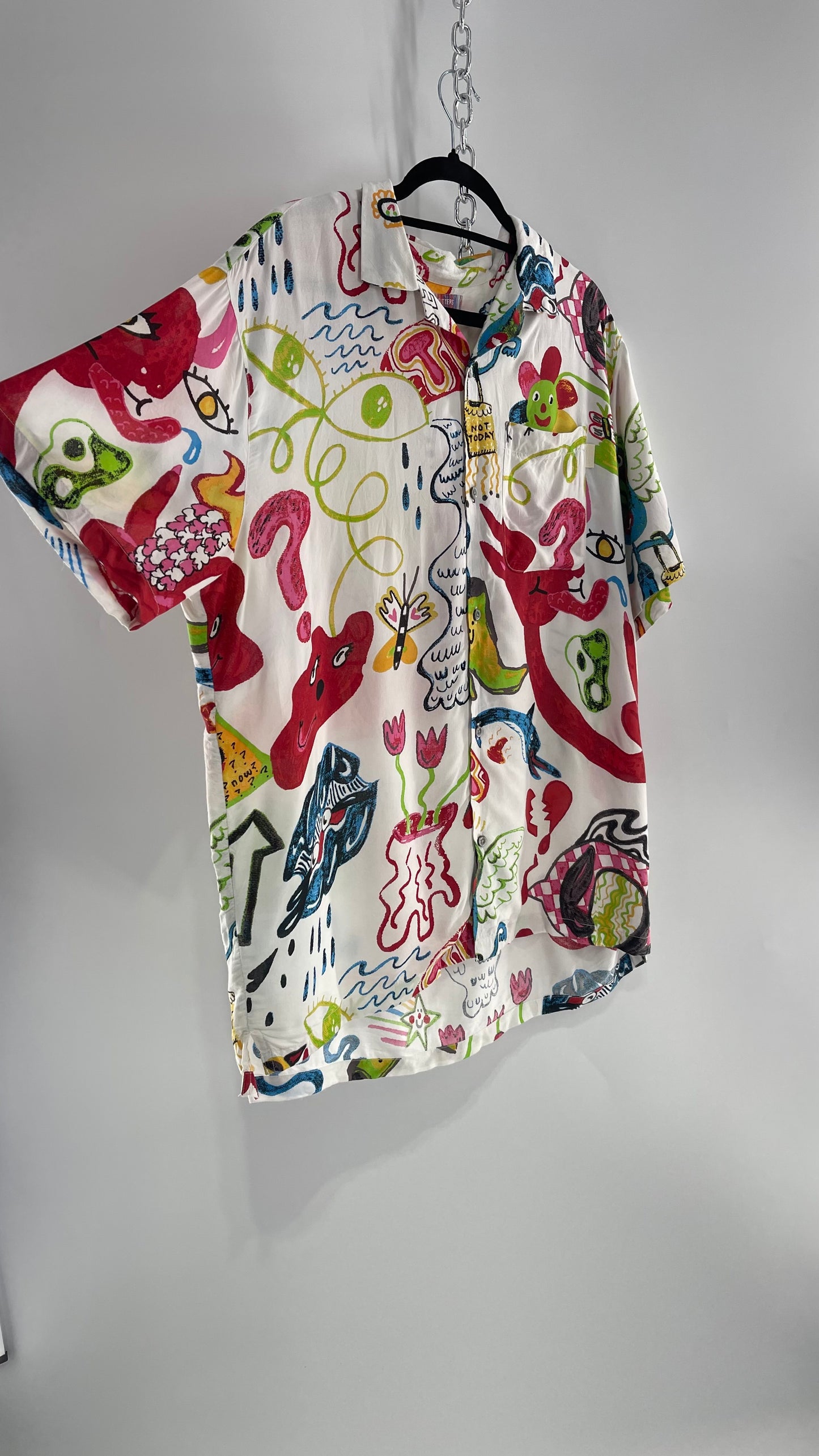 Urban Outfitters Happy Days Colorful Doodle Button Up (Large)