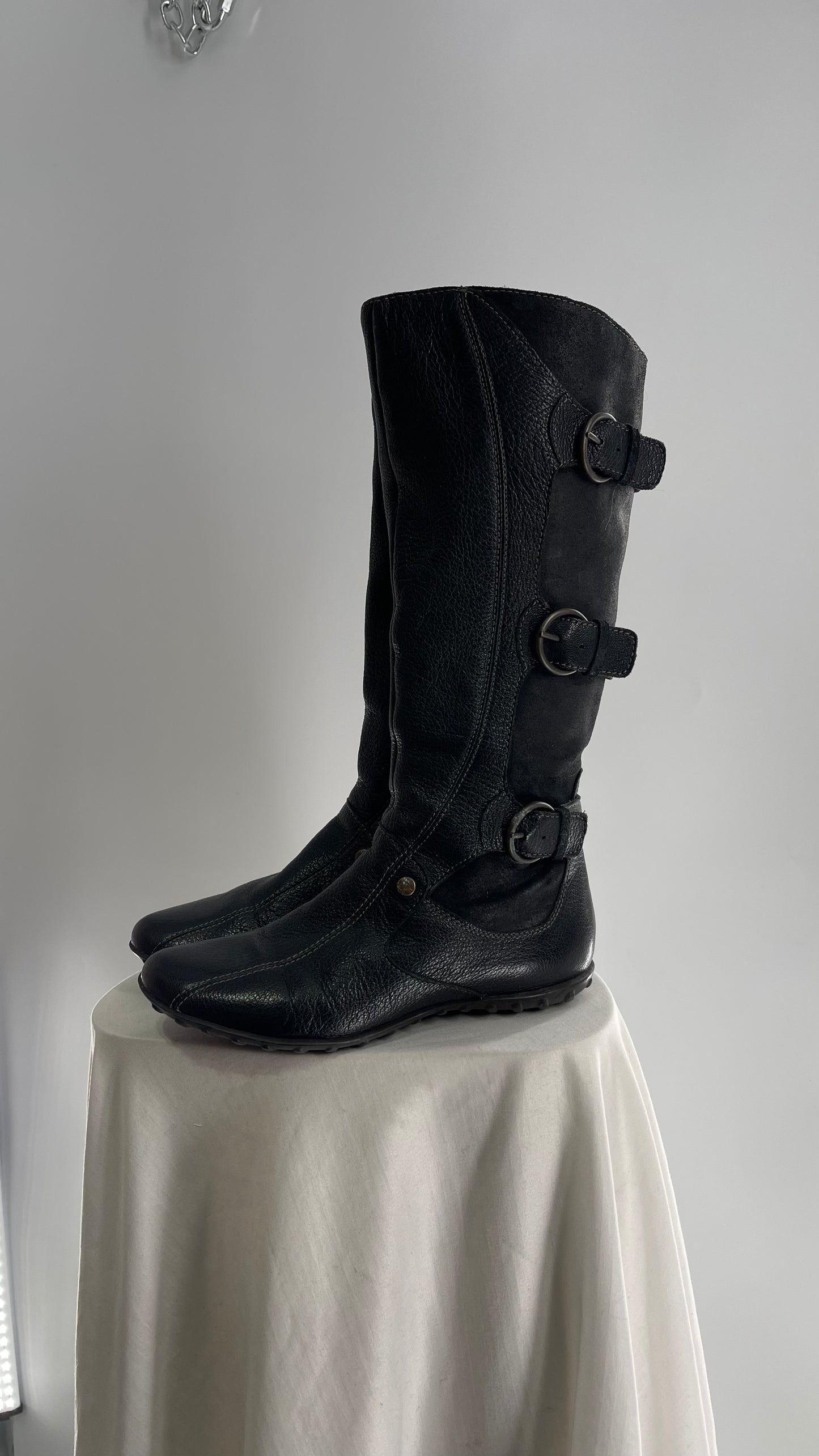 GEOX Black Leather Buckle Knee High Boots