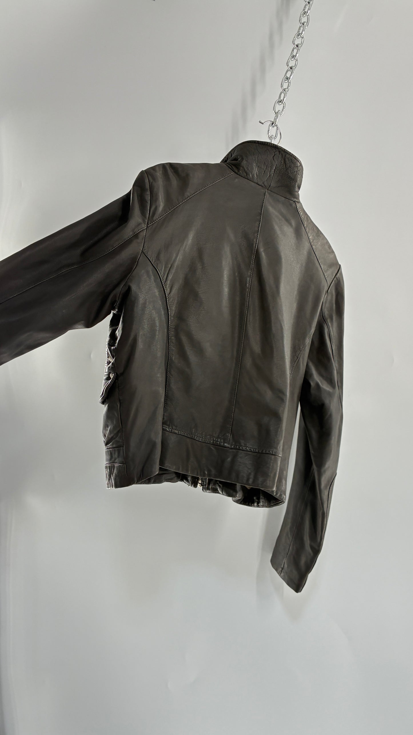 Vintage IDENTIFY Soft Genuine Leather Jacket with High Neck and Multi Pocket Details (Medium)