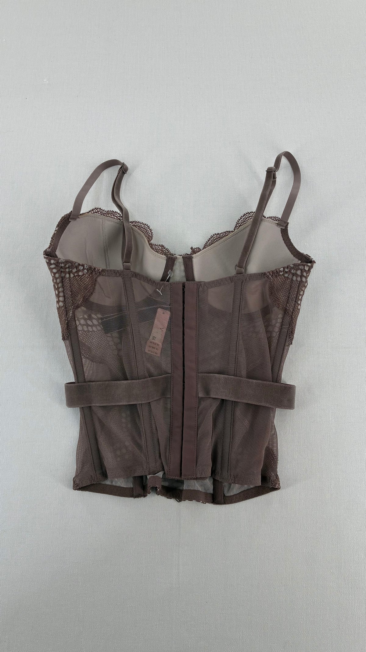 Vintage VICTORIA’S SECRET Taupe Lace Corset with Velour Belting and Tags Attached (32C)