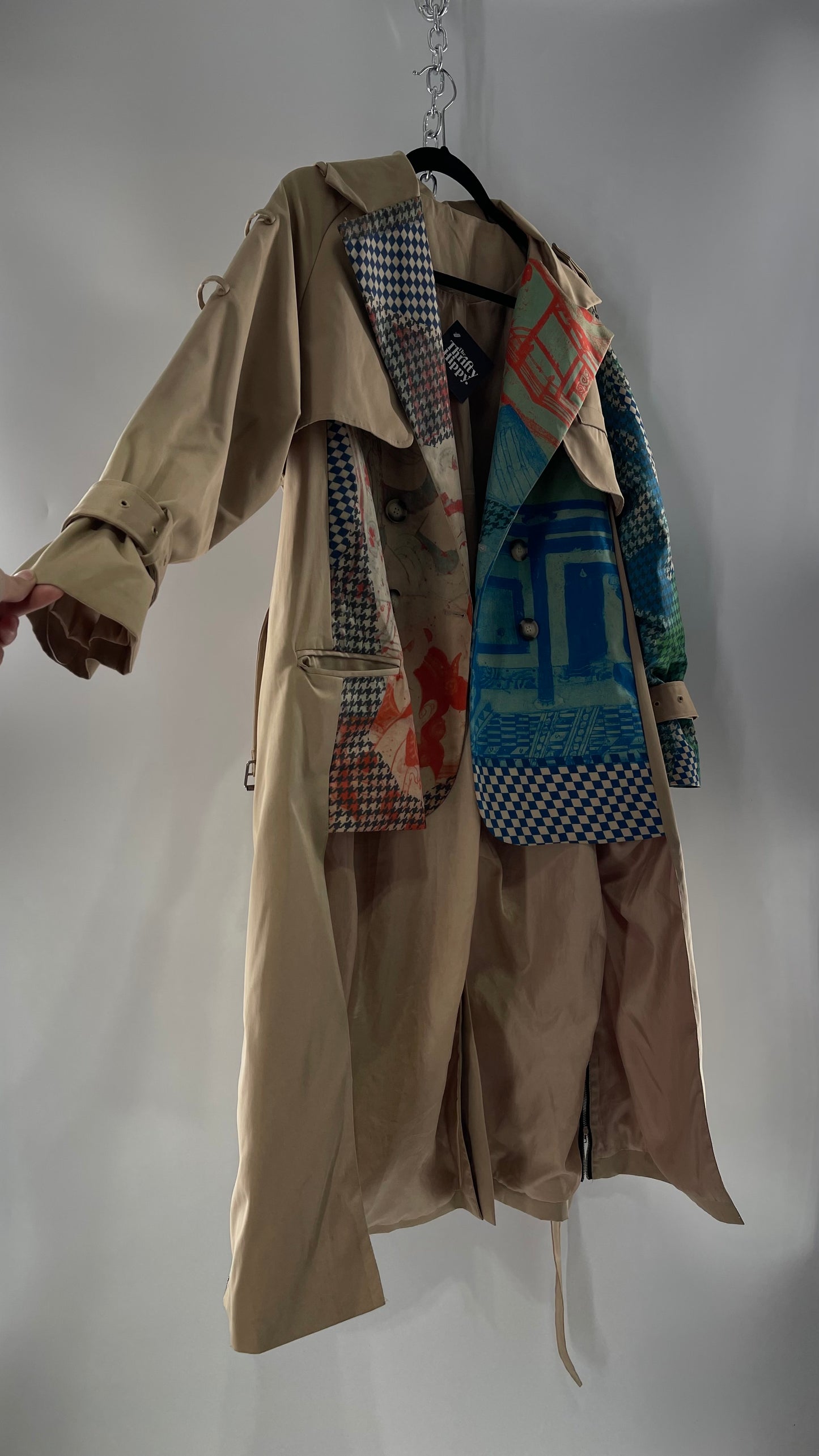 Tan Belted, Double Breasted Trench Coat with Plaid Colorful Graphics and Contrasting Black Zippers (C)(M)