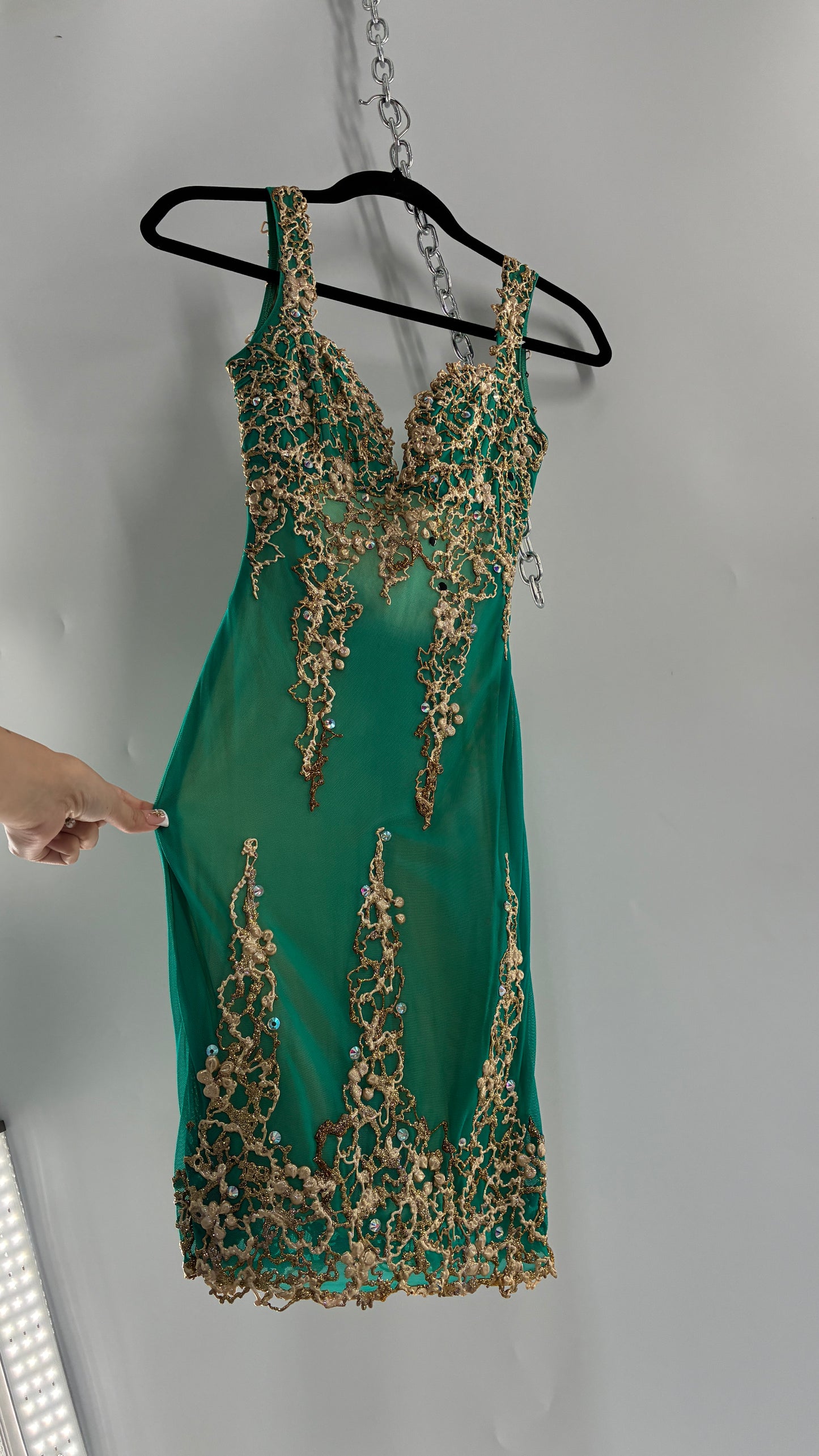 Vintage HOLT Hand Painted Turquoise Mini Dress with Low Open Back (XXS/XS)
