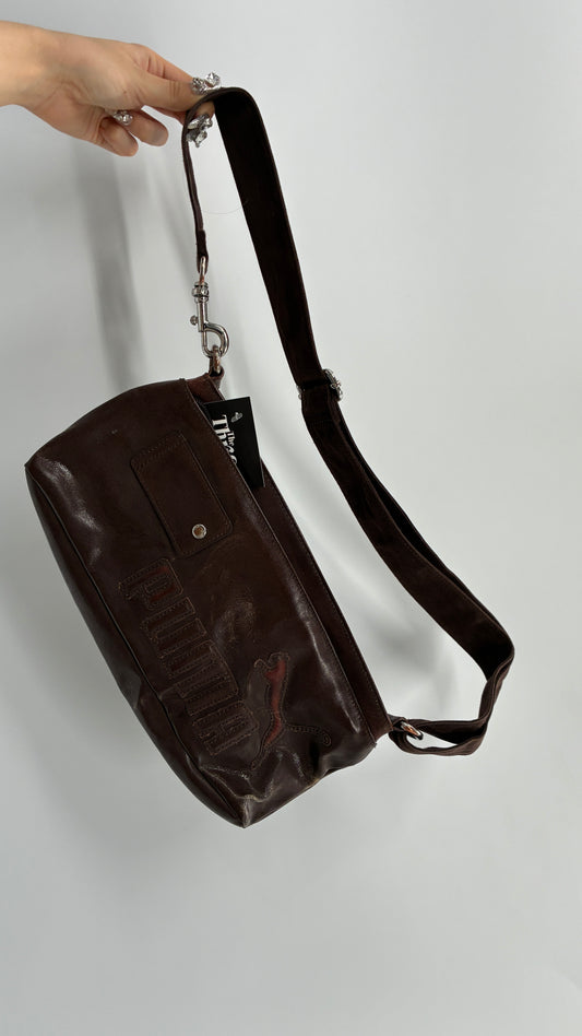 RARE Distressed Vintage PUMA Shoulder Purse, Brown W/ Iconic Logo