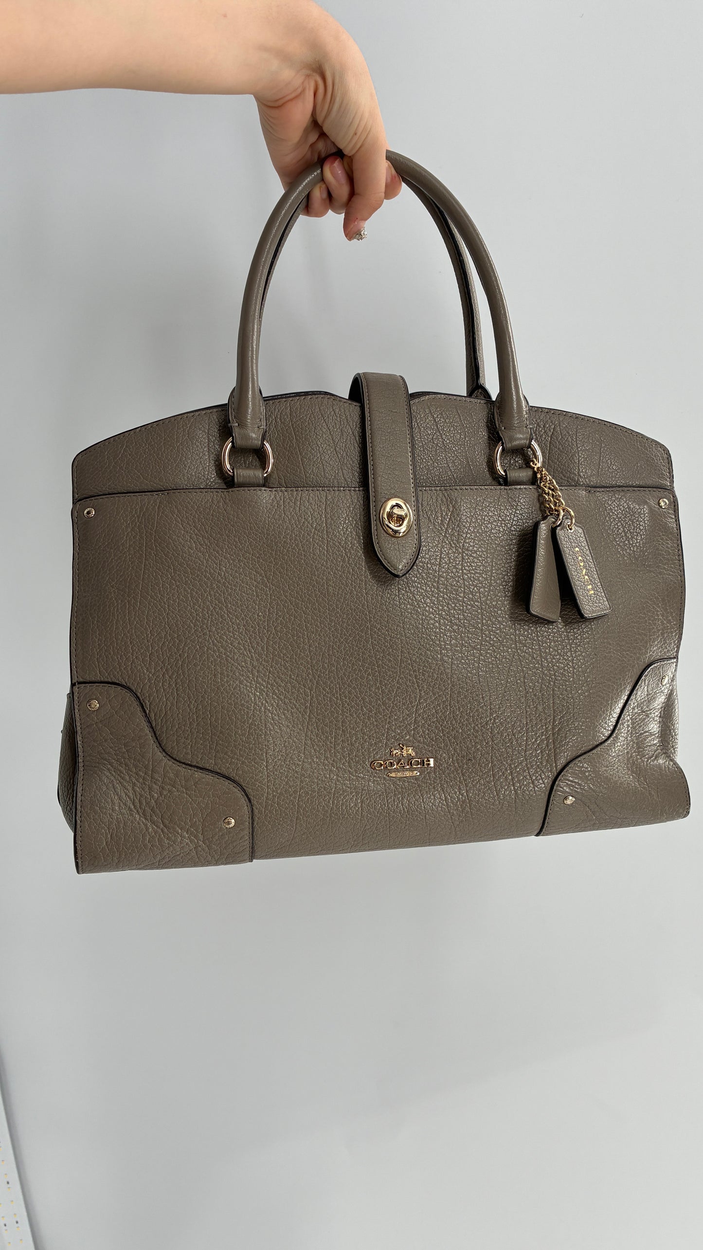 COACH Mercer Satchel 30in Grain Taupe Leather Bag with Multiple Sections and Pockets