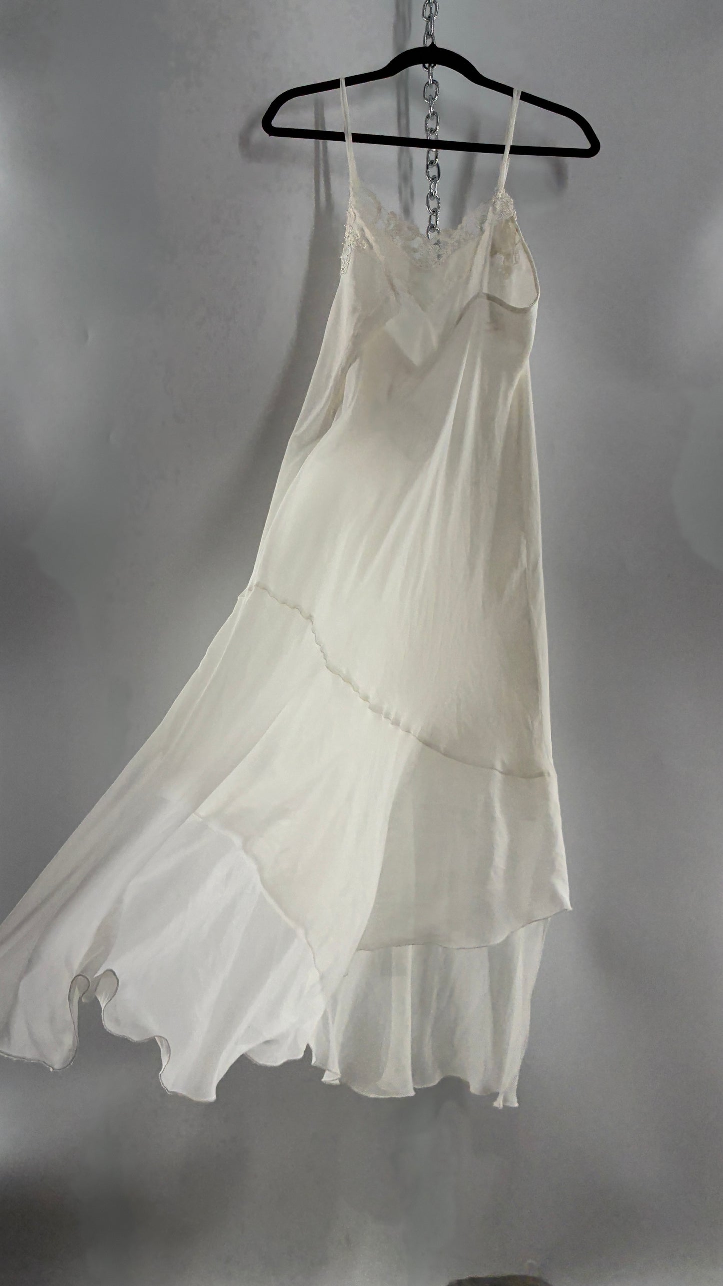 Vintage CALIFORNIA DYNASTY Ivory Maxi Slip Nightgown Dress with Sequin Neckline and Handkerchief Hem (Large)