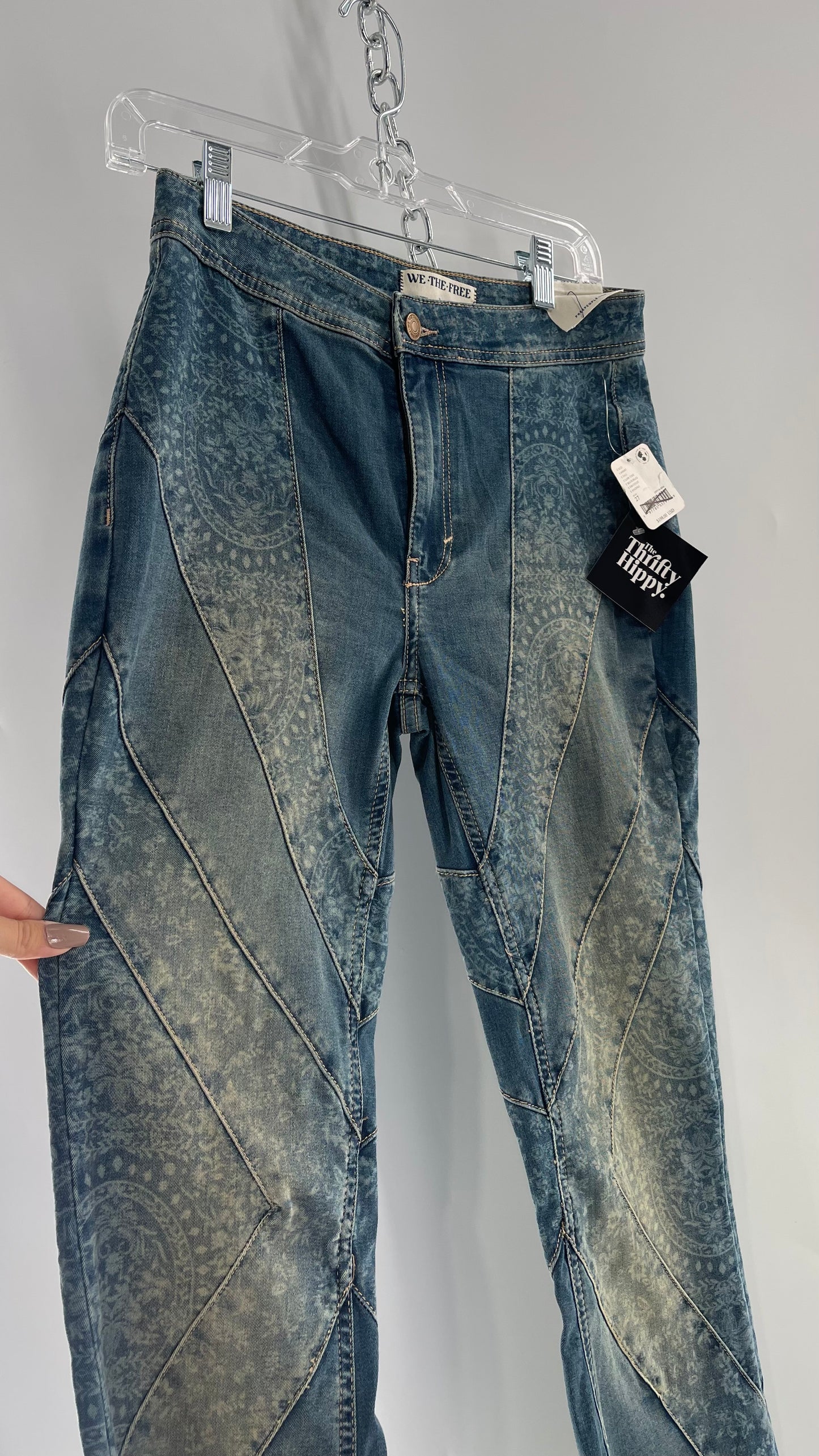 Free People Bell Bottom Kick Flare Paneled Patterned Jeans with Tags Attached (27)