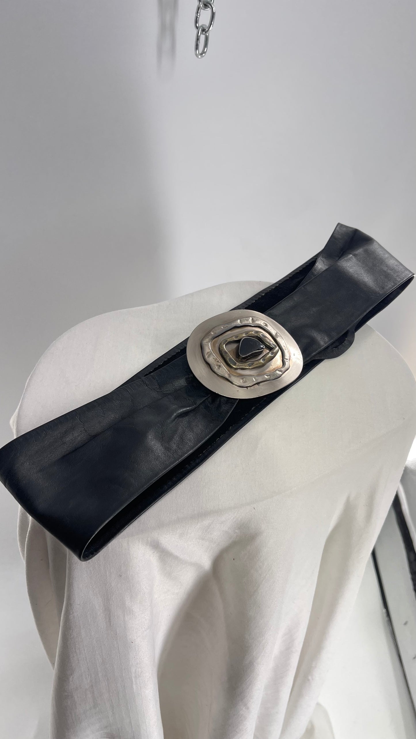 Miss Ashley Black Leather Belt with Silver Medallion Buckle (Small)