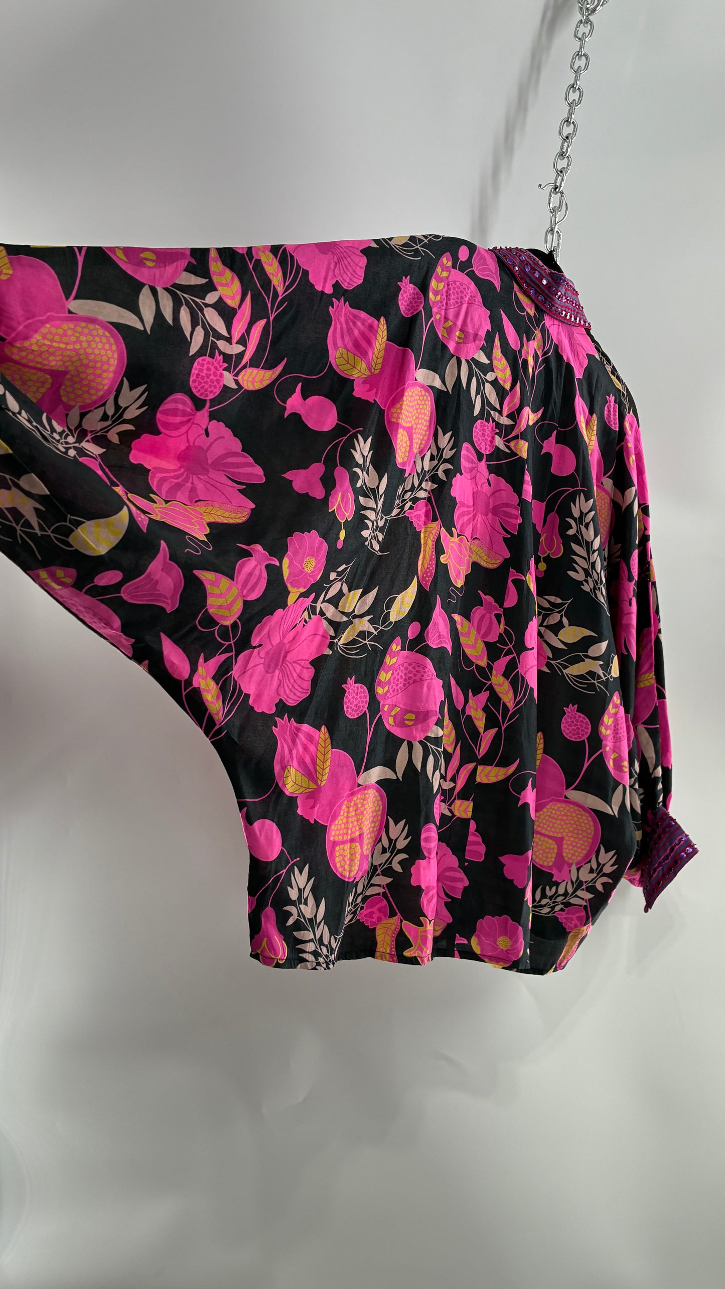 JUST BELLINA Black Oversized Blouse with Exaggerated Sleeves, Embroidered Collar and Tags Attached (XS)