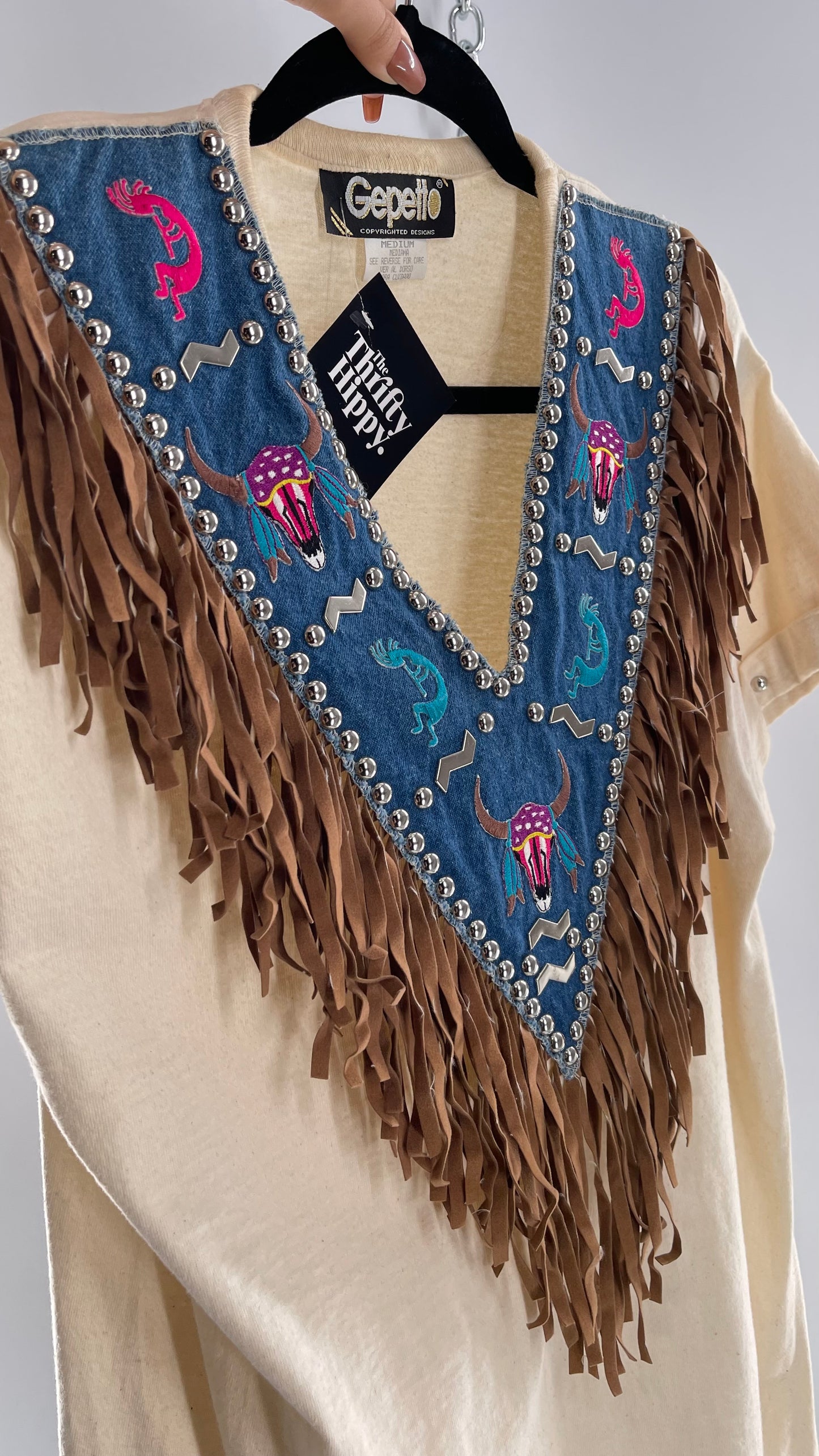 Vintage 1980s GEPETTO Off White Rodeo Western T Shirt with Denim Lined V Neck, Faux Leather Fringe Detail, Embroidery, and Heavy Duty Studs