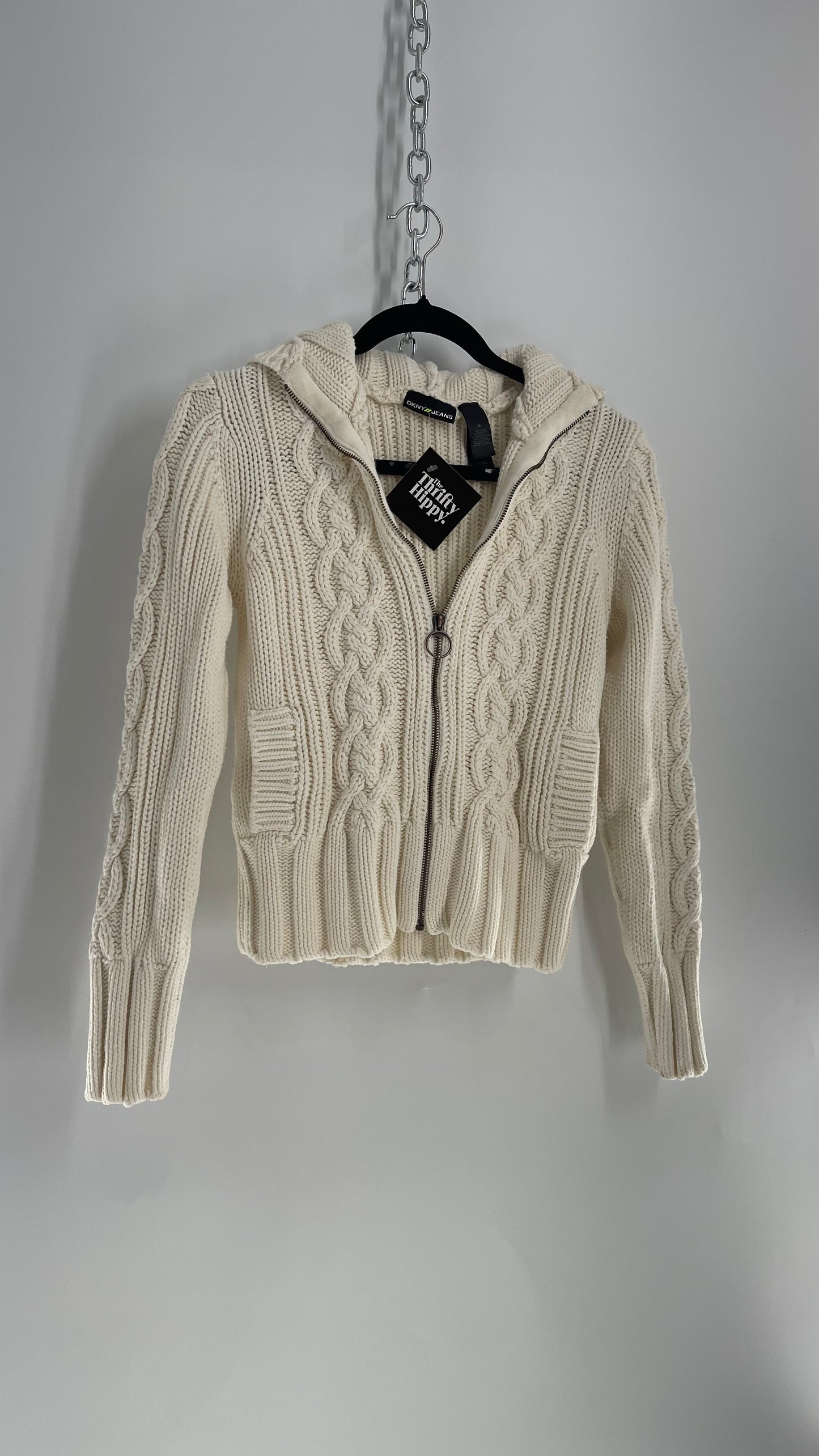 Vintage DKNY Off White Thick Cableknit Zip Front Hoodie (Medium)