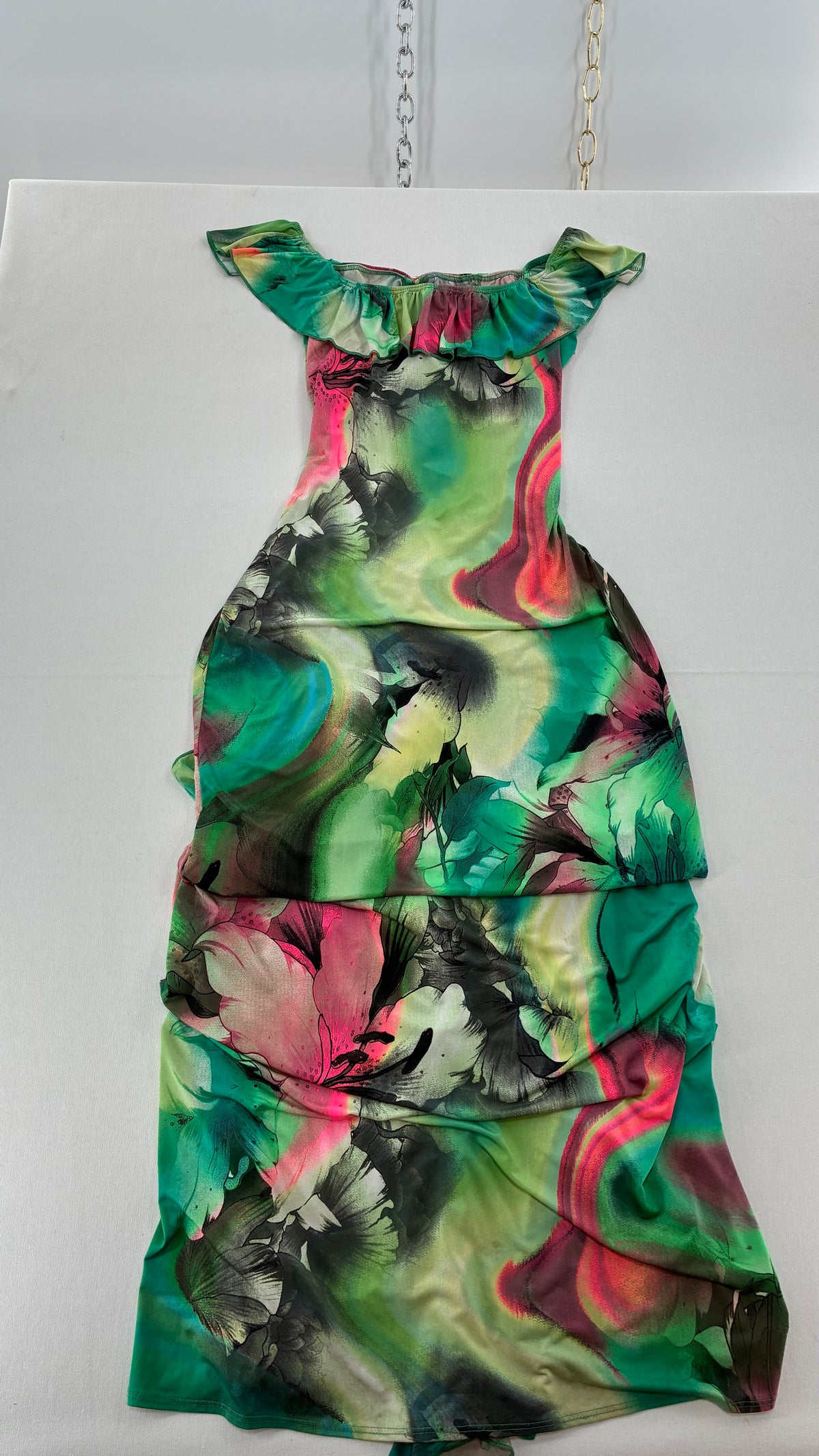 FASHION NOVA Graphic Green Cut Out, Side Slit Gown with Adjustable Waist and Bust Exposure (S/M)
