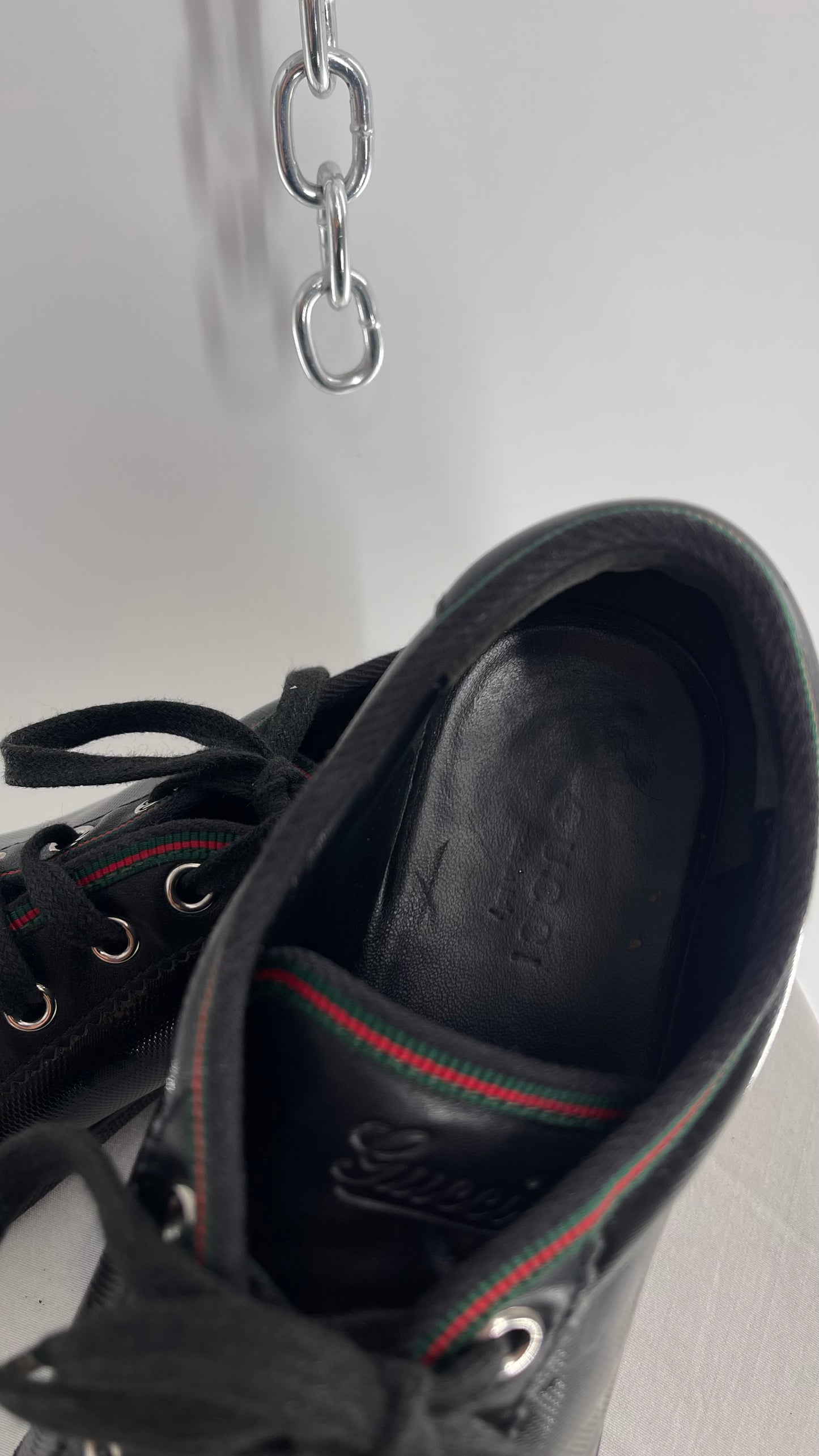 Vintage GUCCI Worn Black Leather Monogram Low Top Sneakers with Red/Green Iconic Trim (37)