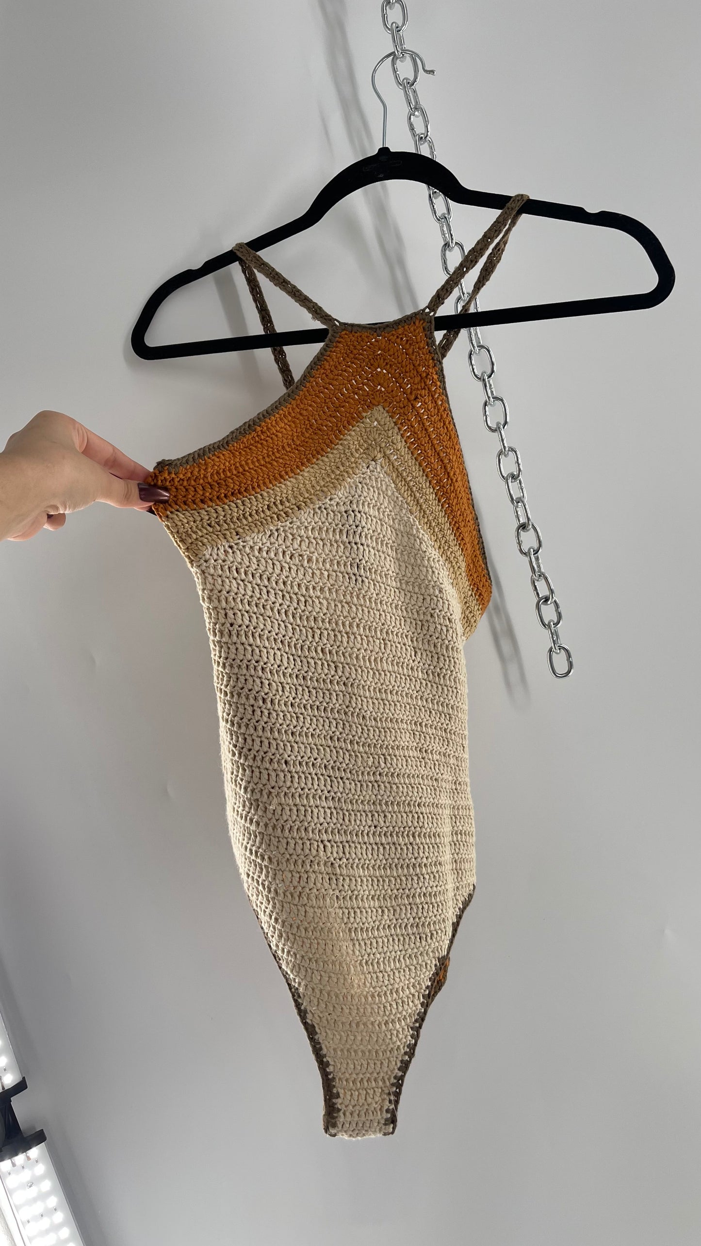 Intimately Free People Brown, Beige, Orange Crochet Knit Bodysuit (XS)