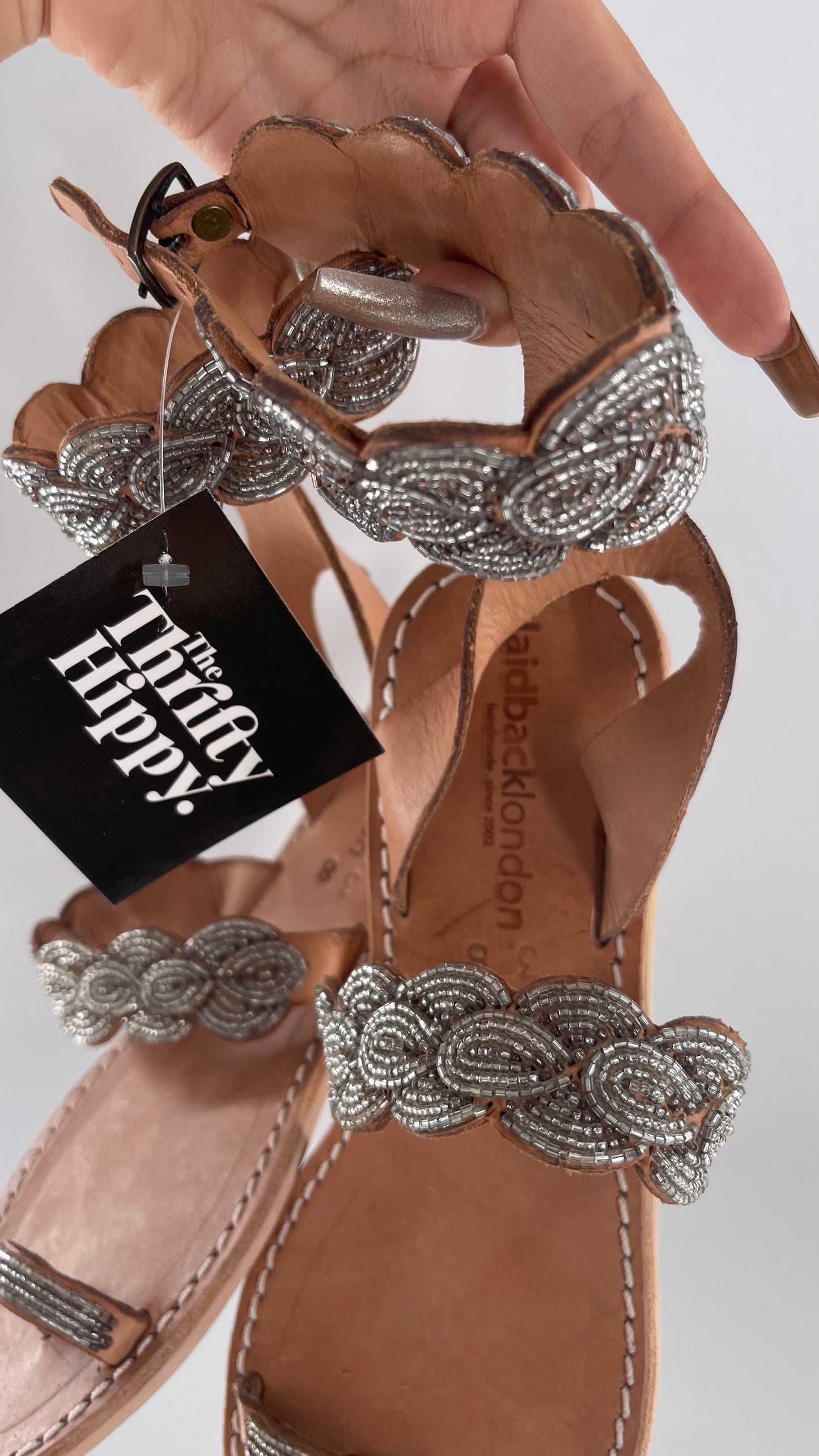 Free People Laidback London Handmade Sandals with Tan Leather Straps Covered in Silver Beaded Details (38)