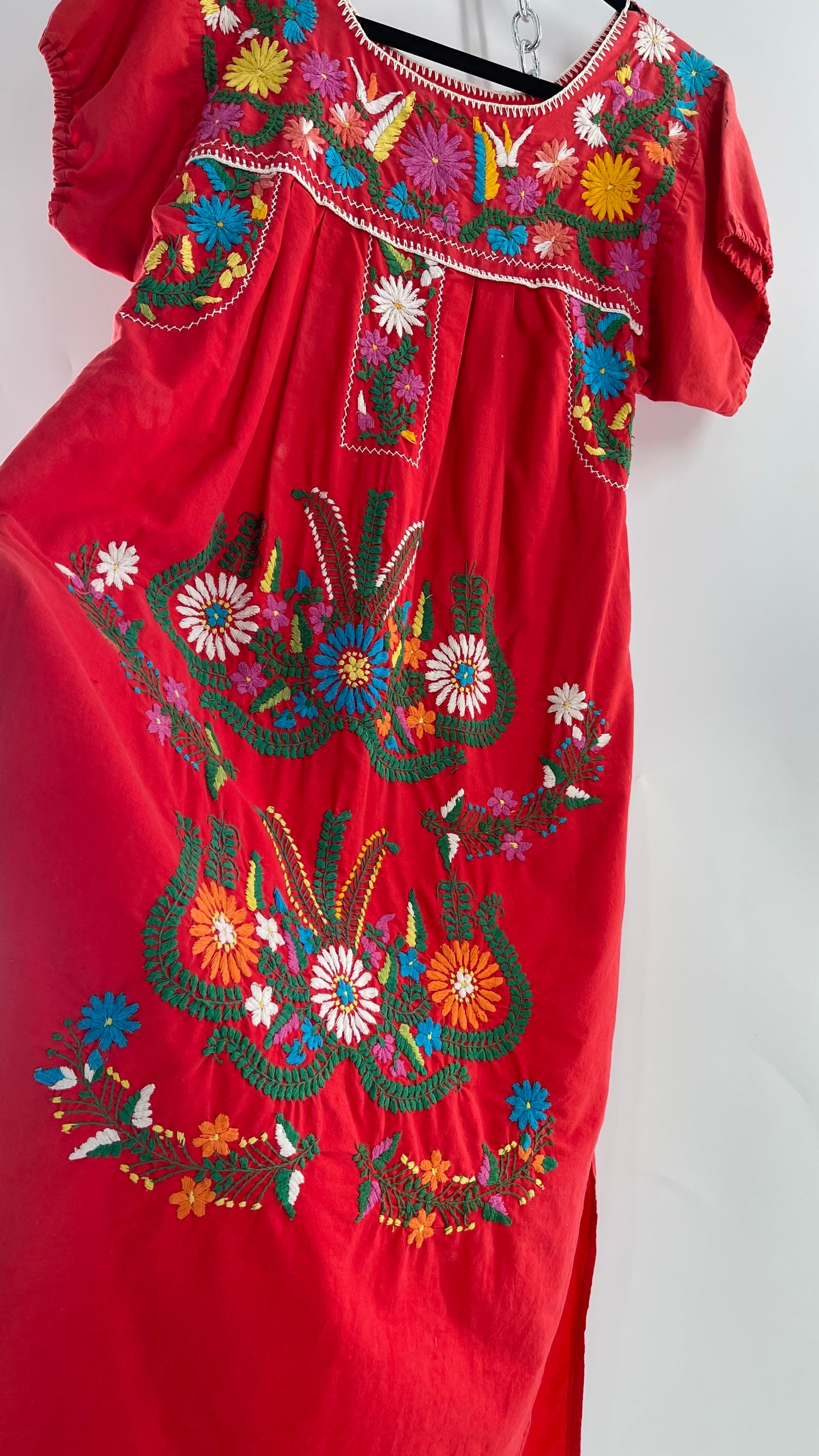 Vintage 1970s Red Cotton Dress with Hand Embroidered Florals Imported from Mexico (Small)