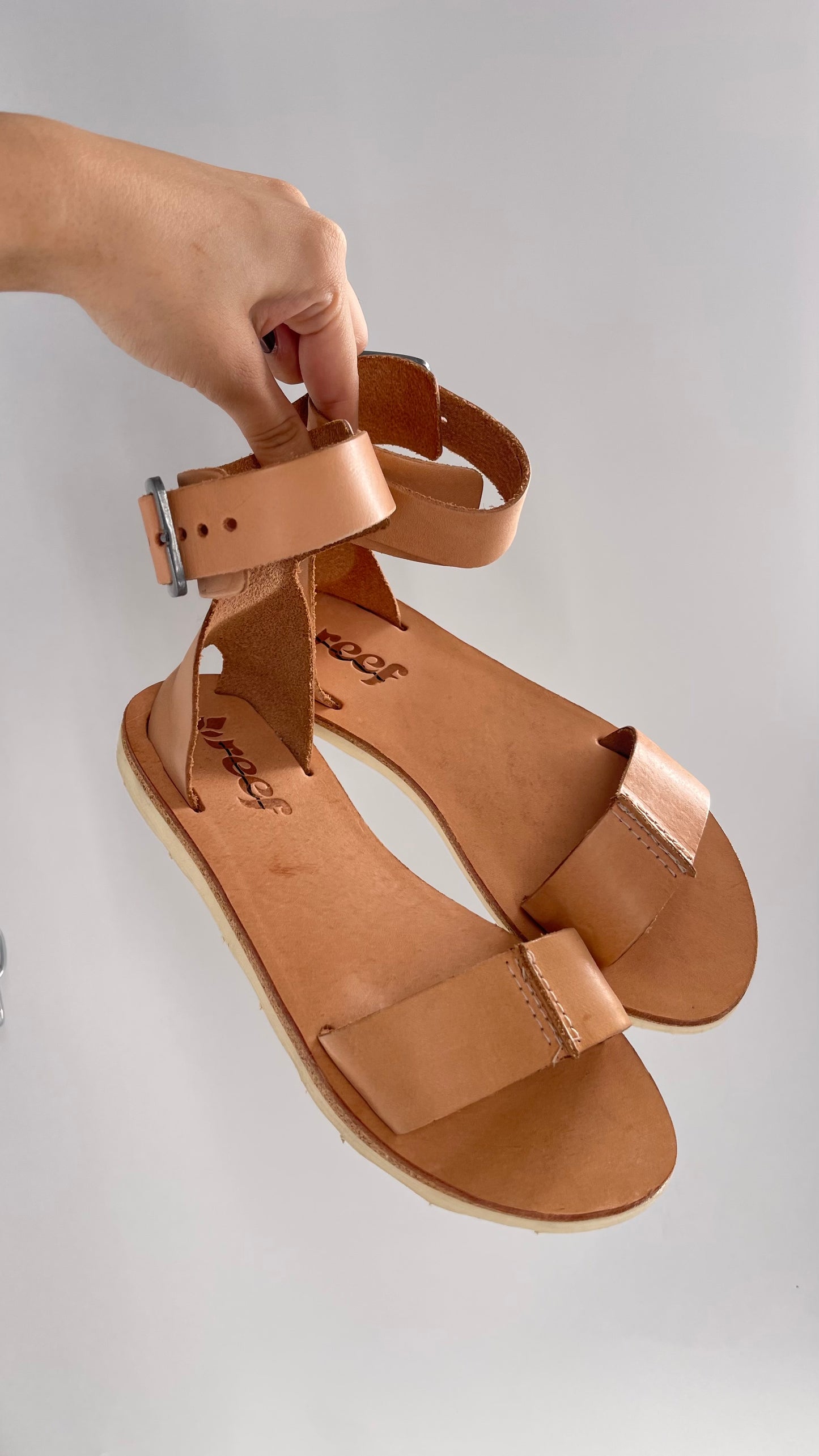 Free People Reef Light Nude / Tan Leather Sandals with Thick Ankle Strapped Buckle (6)