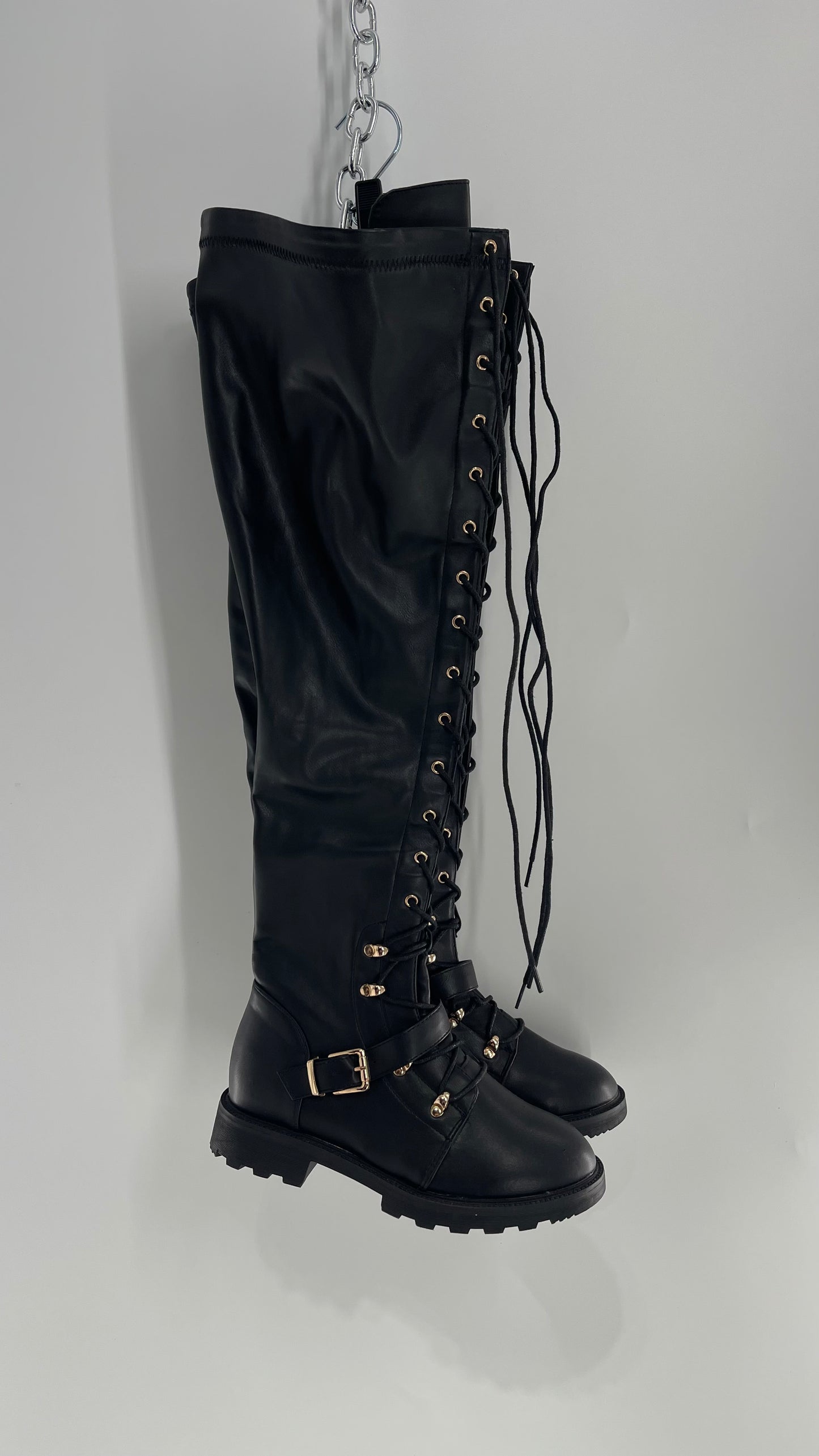 Shoedazzle Black Tall Boots with Gold Hardware (7)