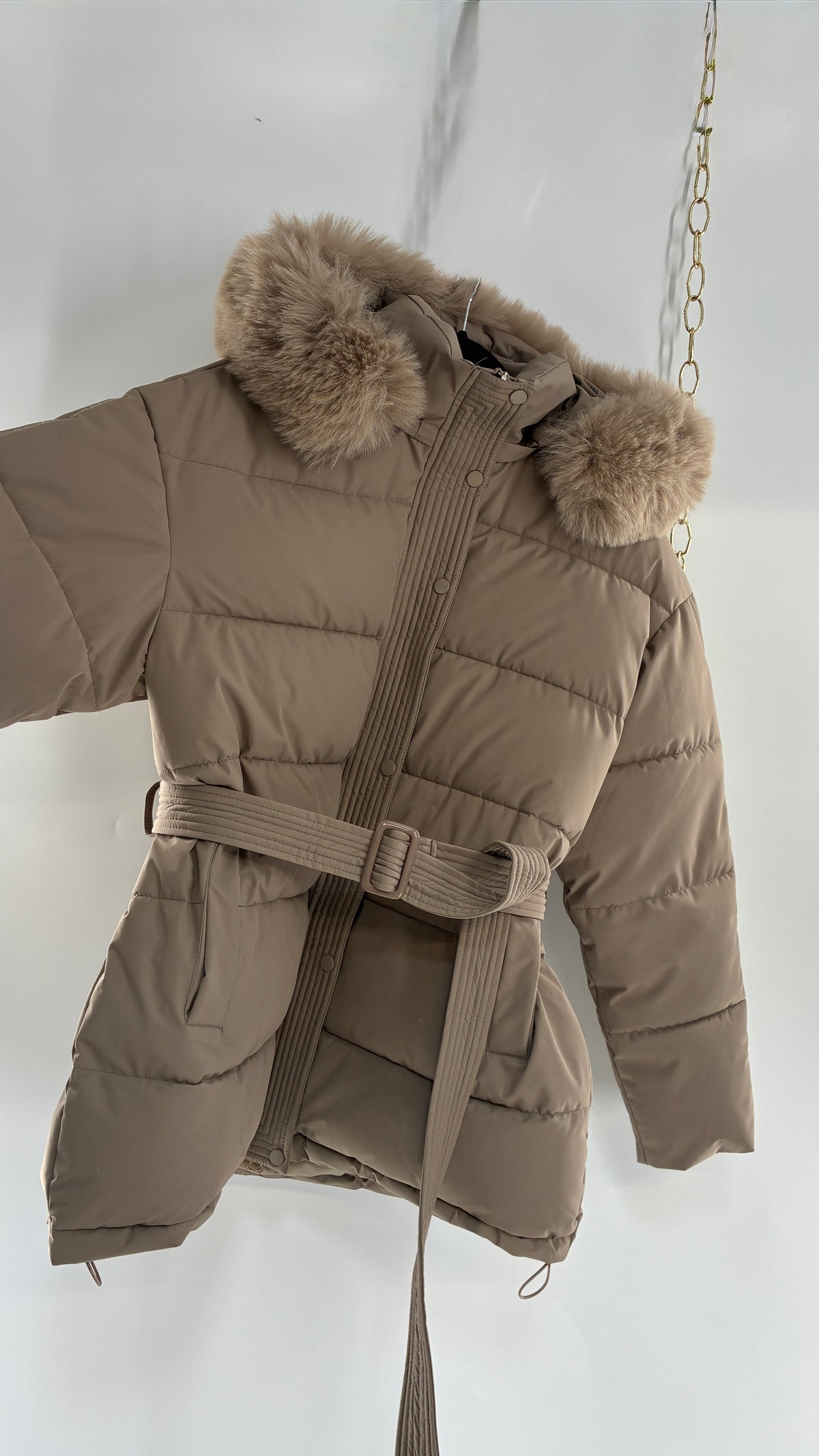 KATCH ME Taupe NWOT Bubble Coat with Exaggerated Vegan Fur Lined Hood NWOT (XL)
