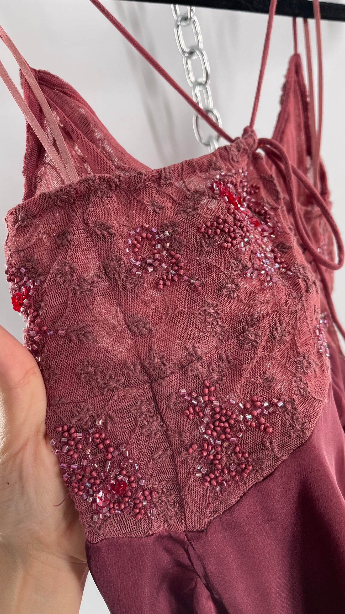 Free People Purple Beaded Bust, Lacy, Silky Fairy Tank with Extra Bead Pouch(Small)