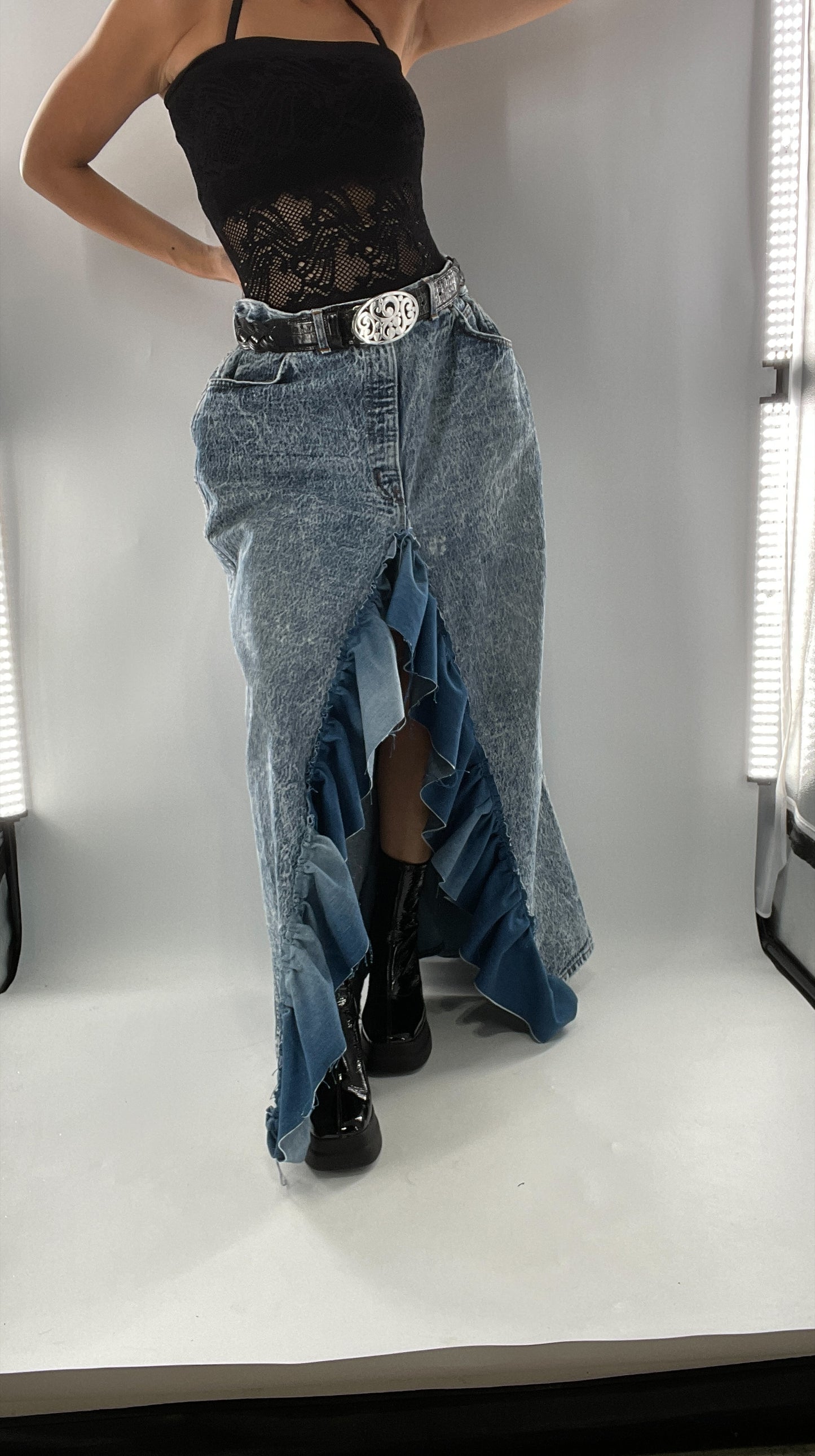 Custom Handmade Acid Wash Denim Slit Front Ruffled Skirt with Bow Bum (Large)