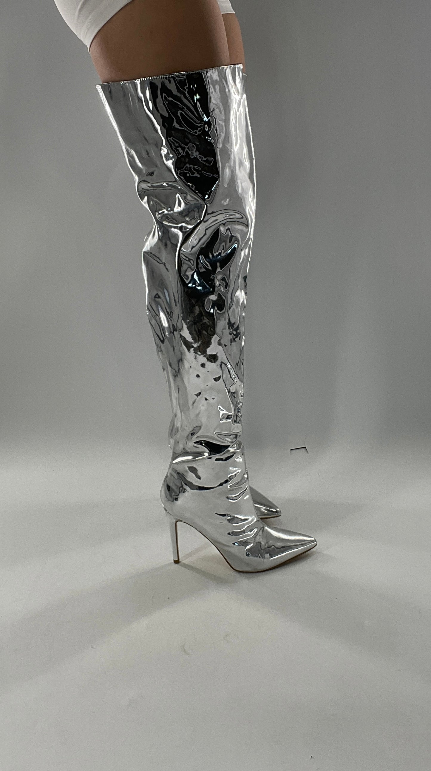 Vintage Chrome Platinum Mirrored Thigh High Molten Metal Sky High Boots Space Cadet/Concert (7)