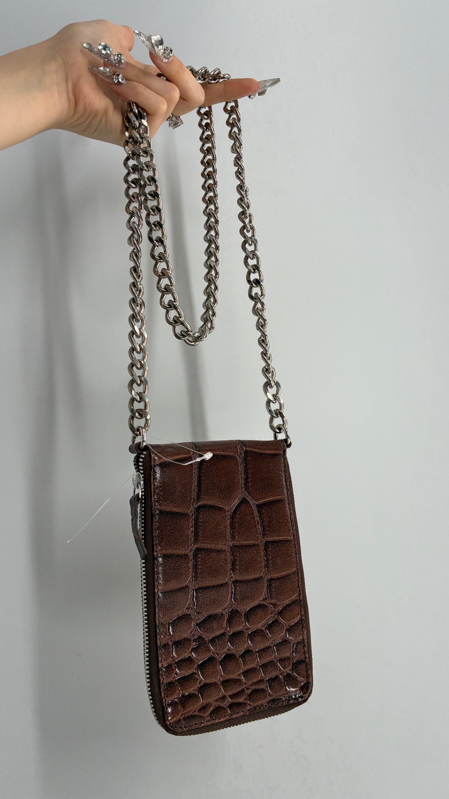 Free People Brown Crocodile Embossed Leather Phone Case Purse