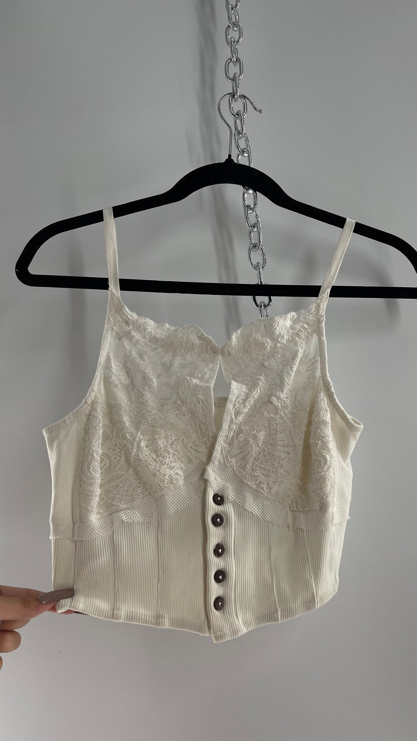 Free People White Tank with Lace Bust and High Neckline and Buttoned Bodice (S)