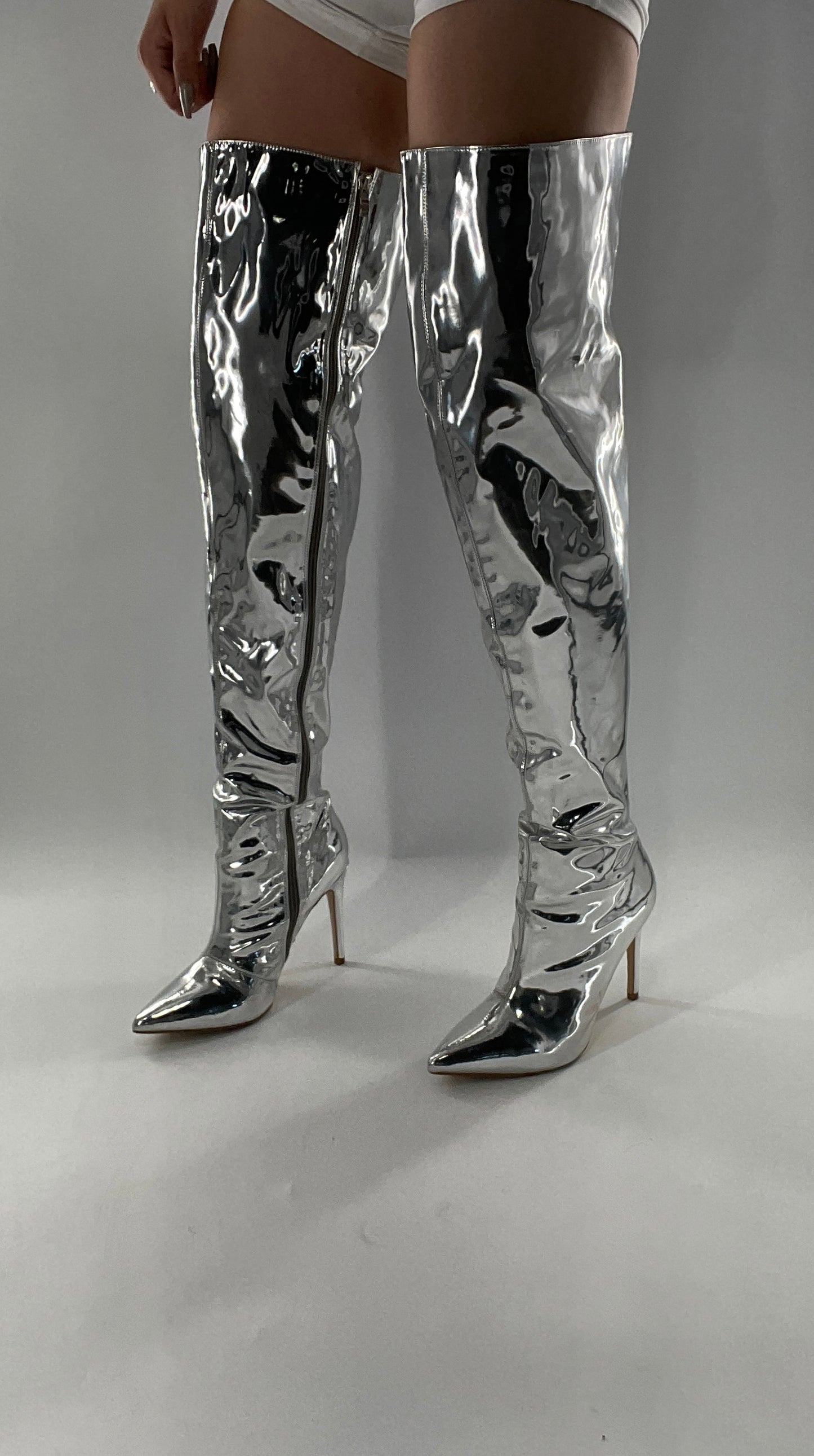 Vintage Chrome Platinum Mirrored Thigh High Molten Metal Sky High Boots Space Cadet/Concert (7)