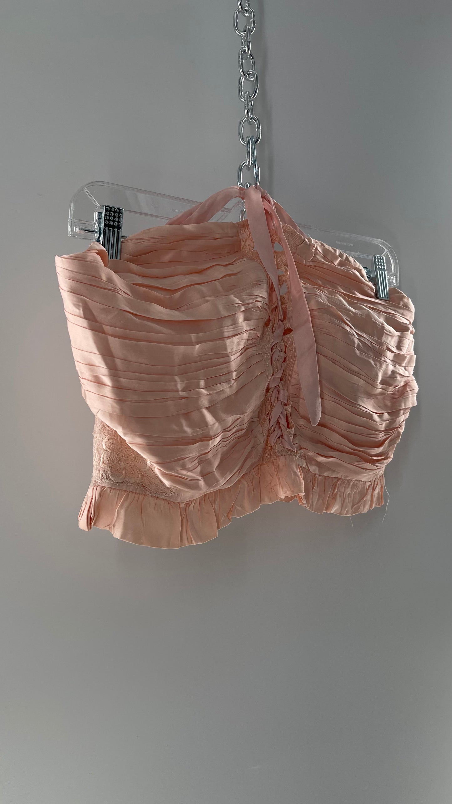 Free People Pink Viscose Pleated Tube Top with Ribbon Lace Up Bodice, Embroidered Flower Detail, and Ruffled Hem (Large)
