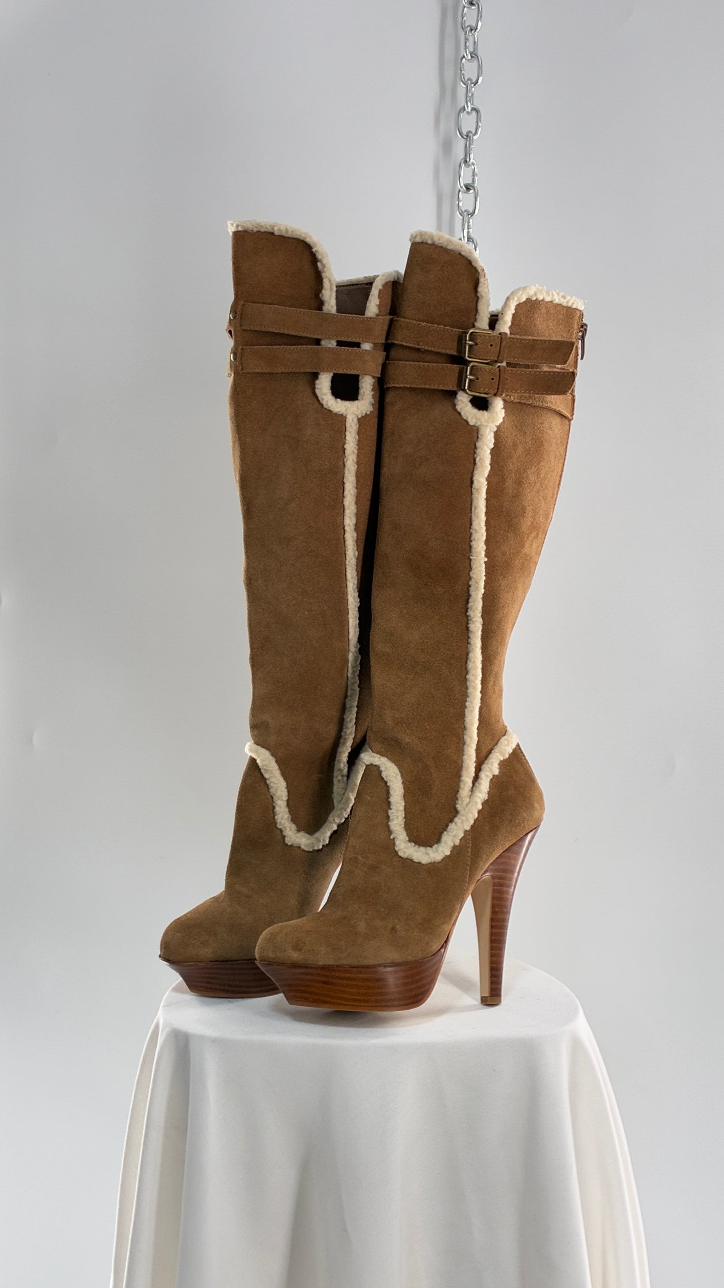 Vintage BEBE Genuine Suede Leather Stiletto, Platform Knee High Boots with Shearling Piping (8B)