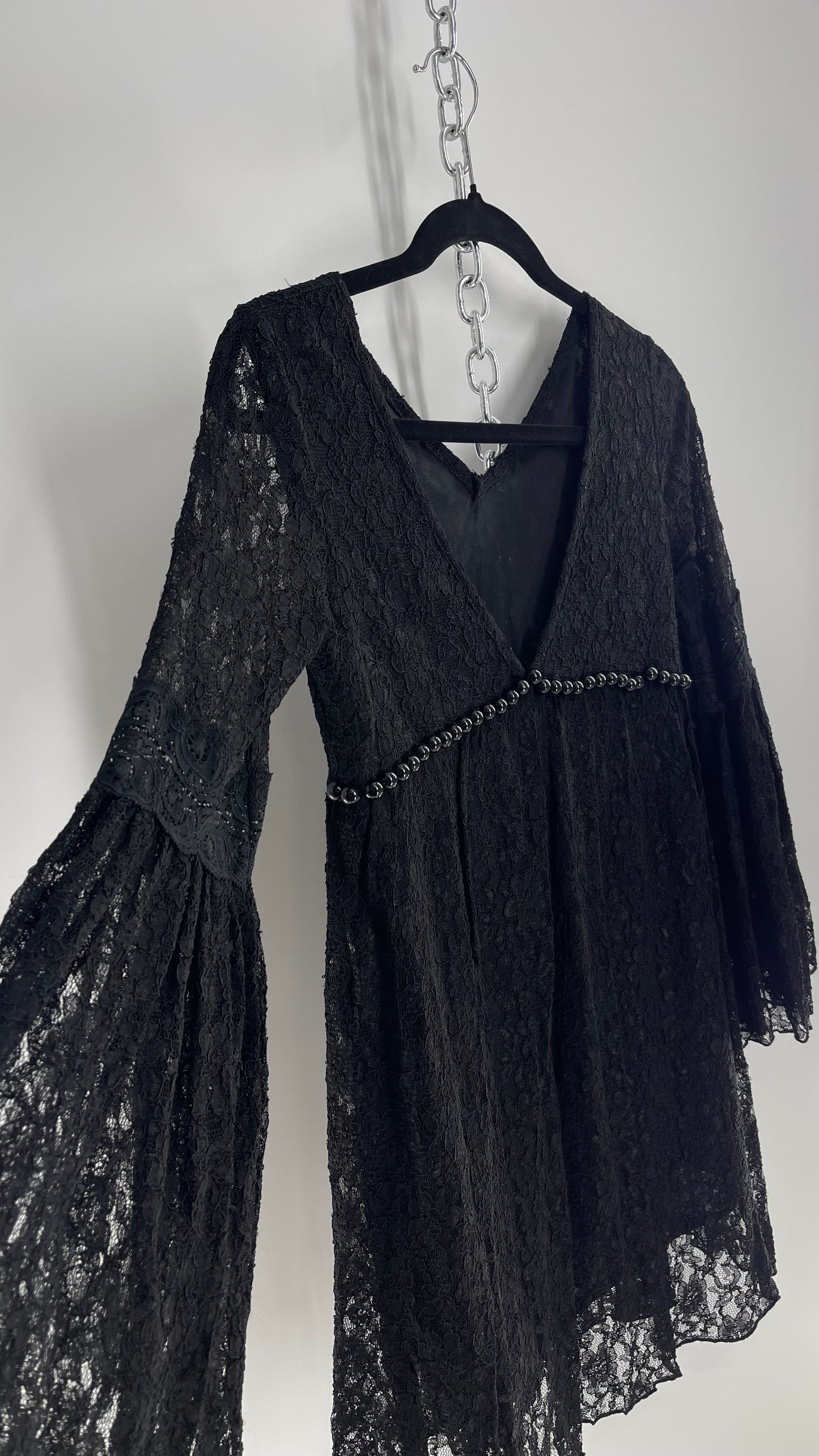 Vintage Black Lace Bell Sleeve Beaded Bust Babydoll Dress (Small)