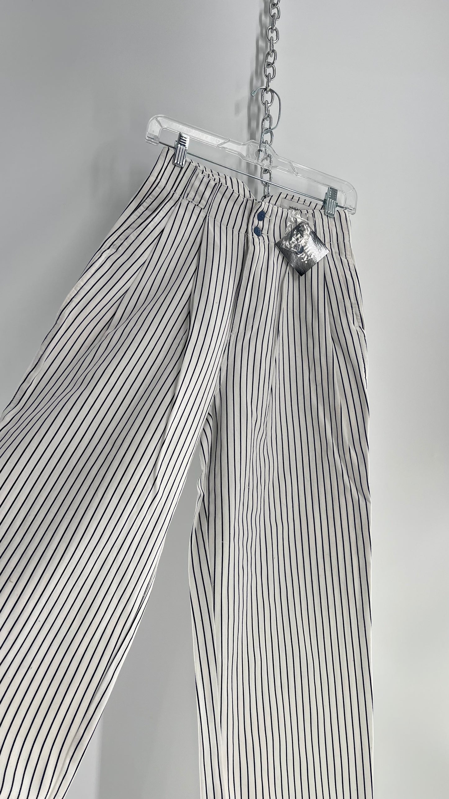 Urban Outfitters White High Waisted Navy Striped Trouser