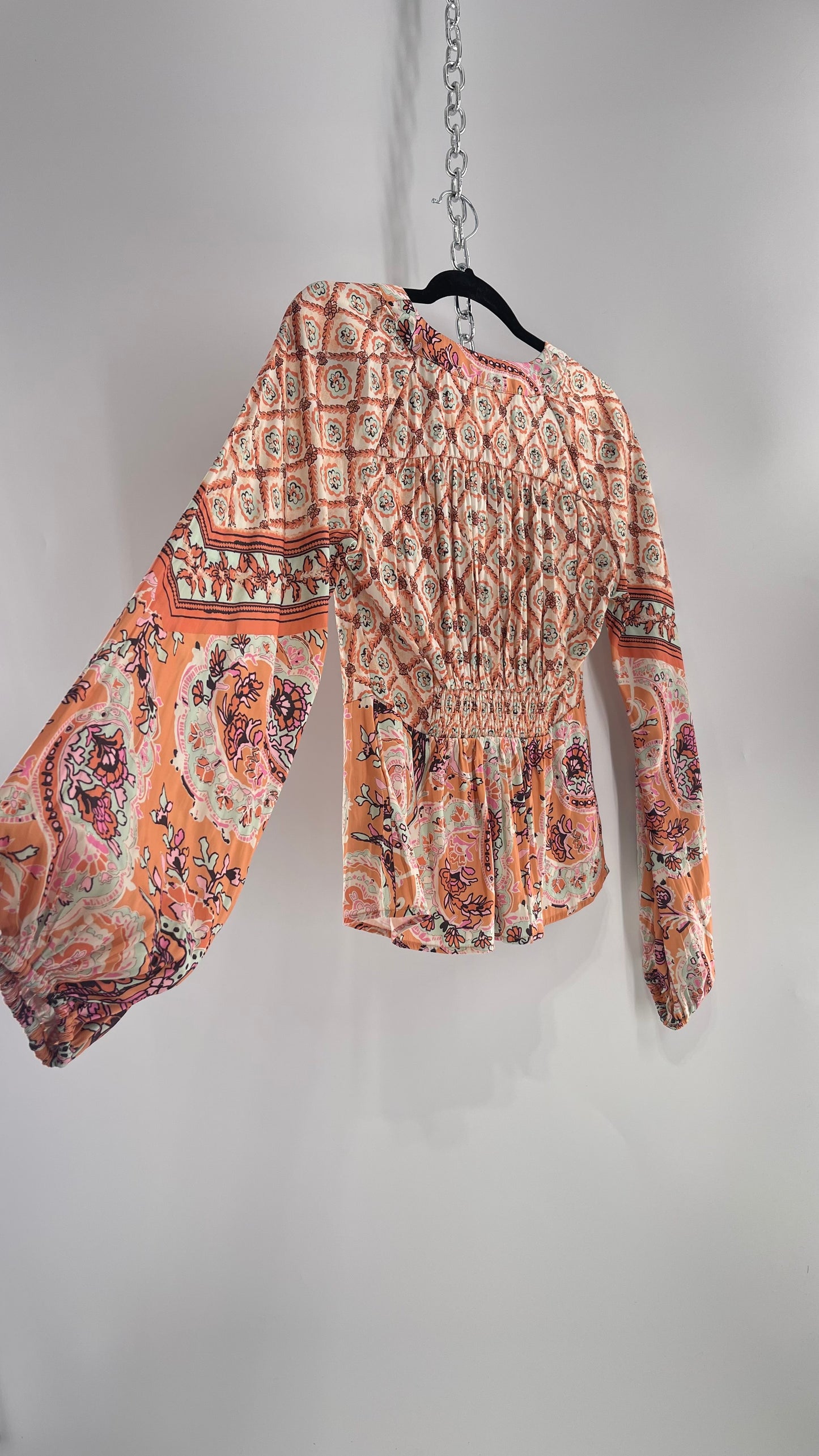 Free People Orange Pastels Paisley Blouse with Bust Tie and Balloon Sleeves (XS)