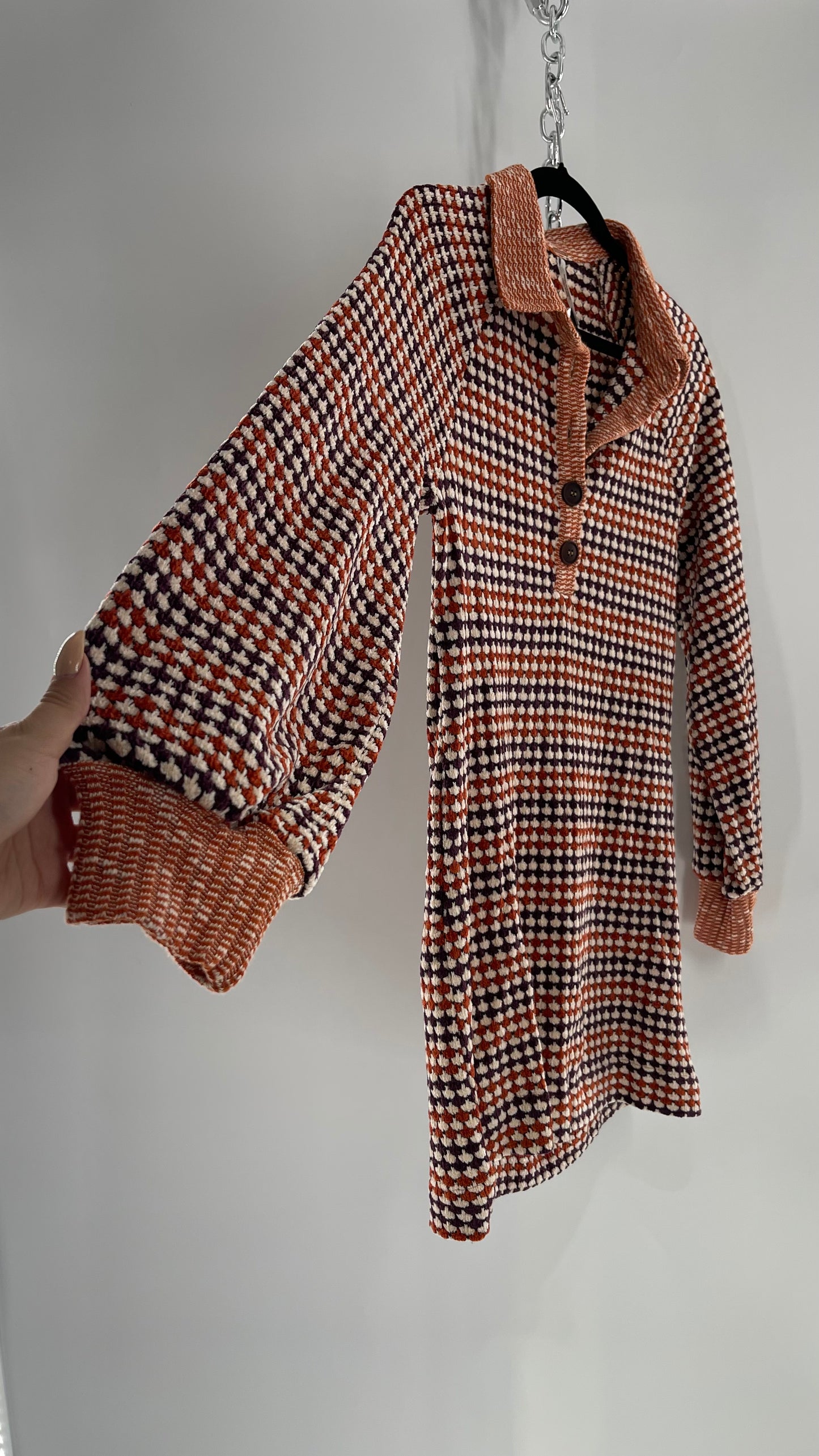 Free People Collared, Orange/Purple Chenille Knit Houndstooth Checkered Patterned 70s Dress (Small)