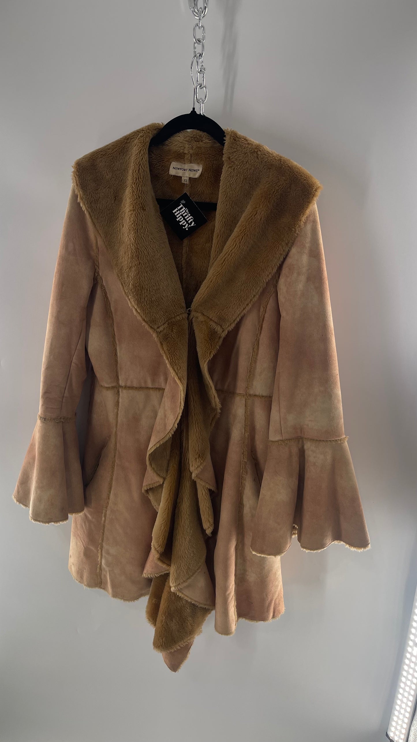 Newport News Tan Faux Suede Coat with Bell Sleeves and Ruffled, Draping Closure  (C) (10)