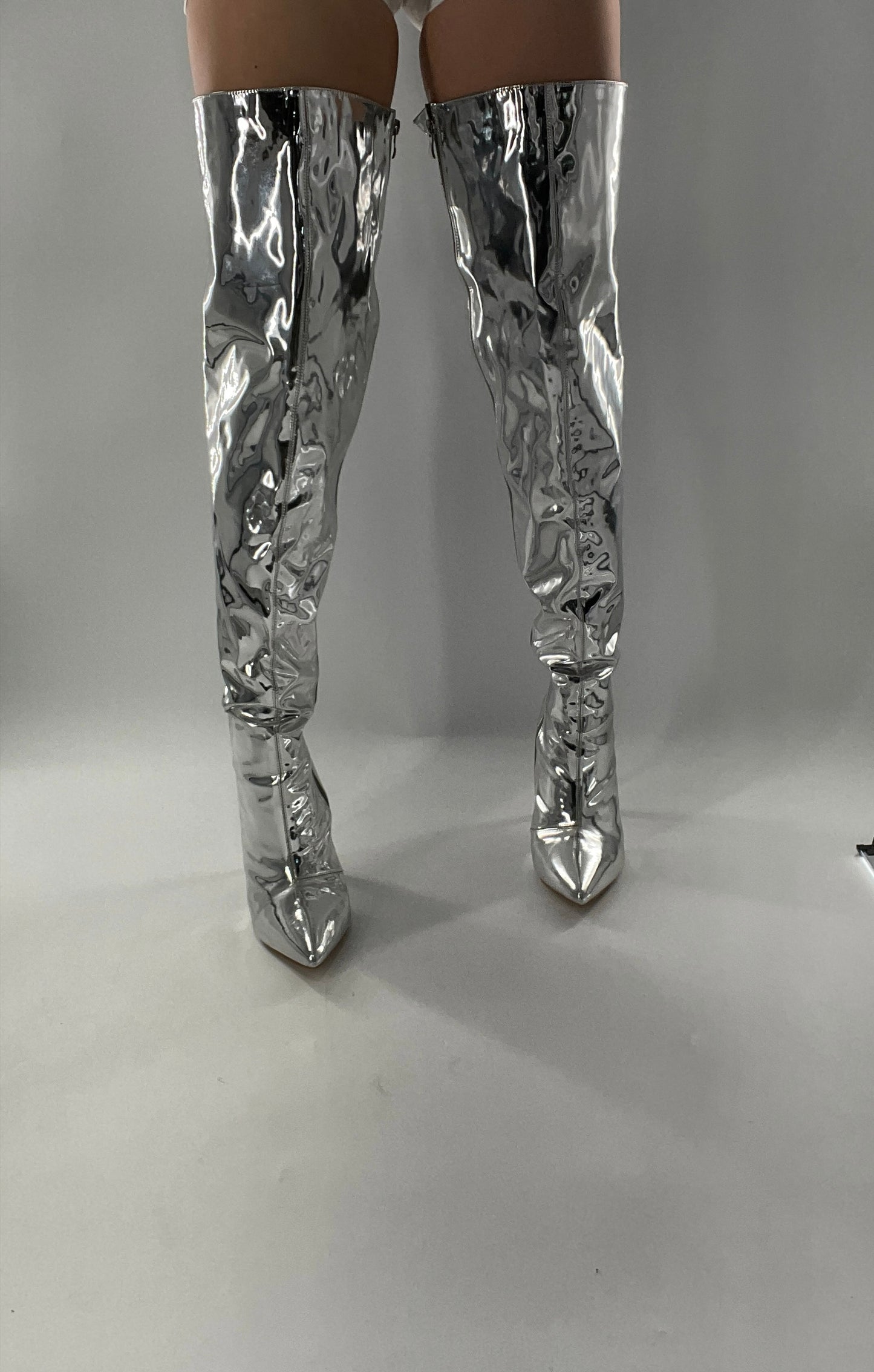 Vintage Chrome Platinum Mirrored Thigh High Molten Metal Sky High Boots Space Cadet/Concert (7)