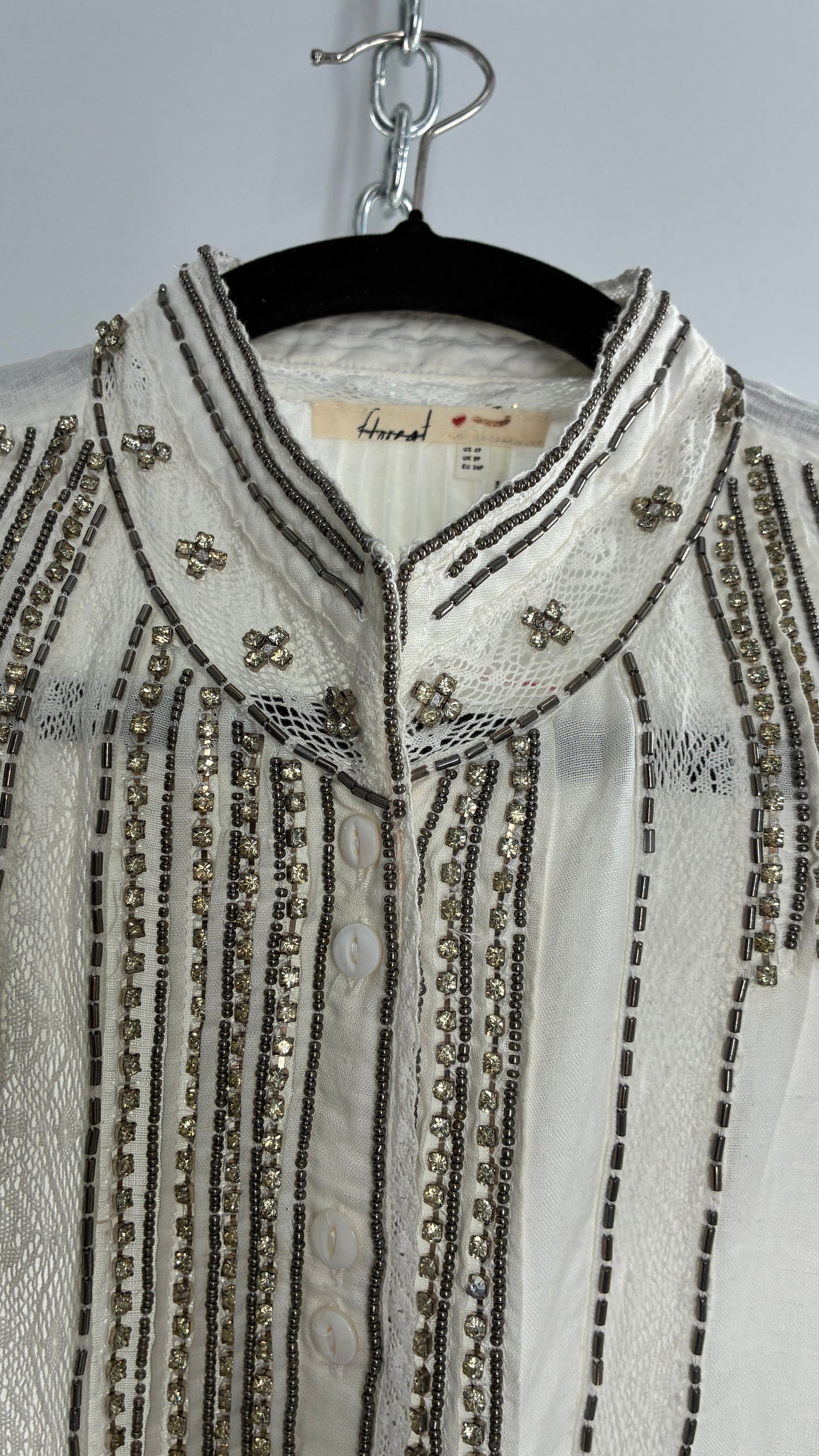 Anthropologie FLOREAT Linen Cotton White Button Up with Lace and Rhinestone Details (4P)