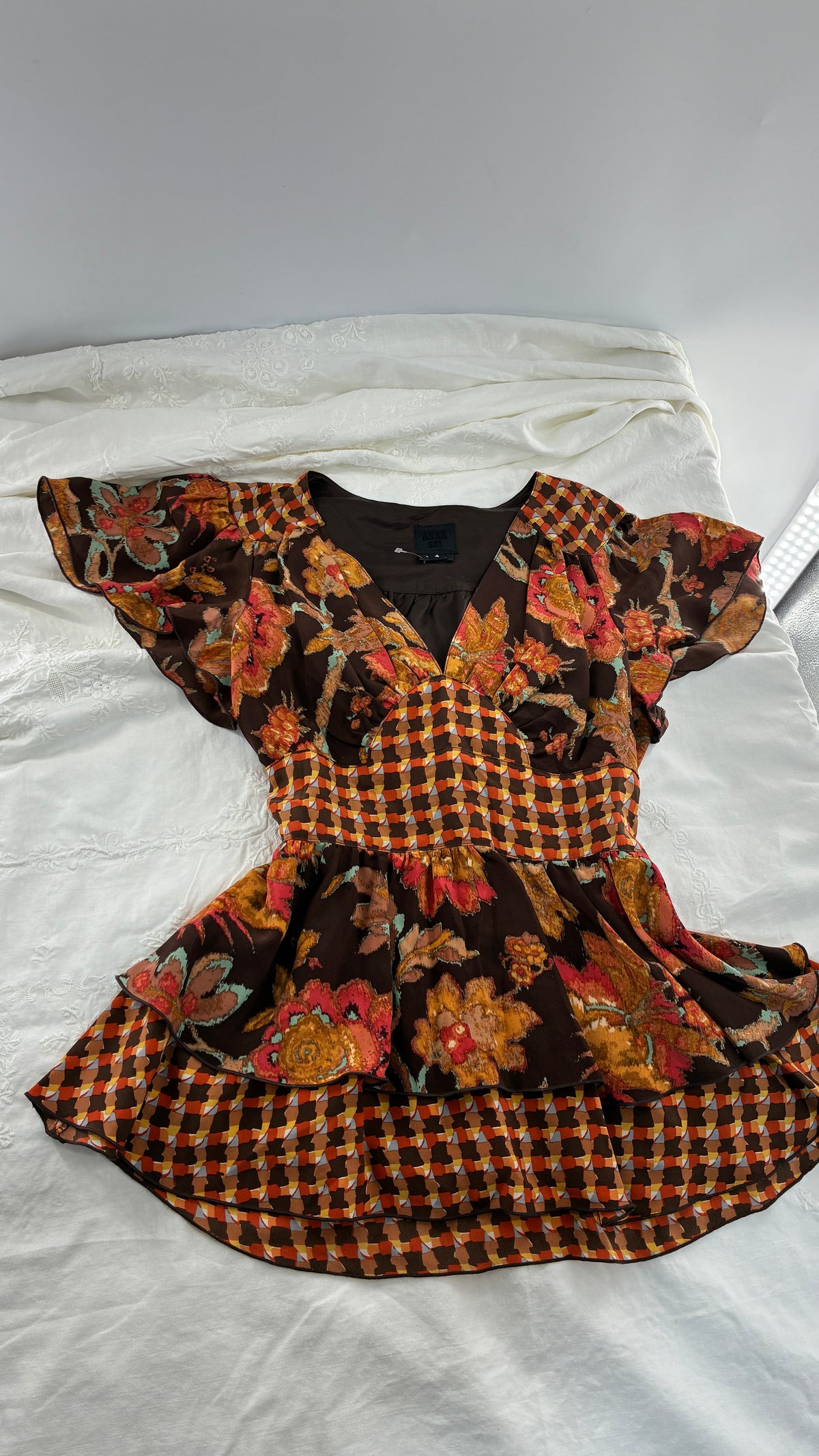 Vintage ANNA SUI 100% Silk Orange and Brown Mixed Pattern Blouse (4)