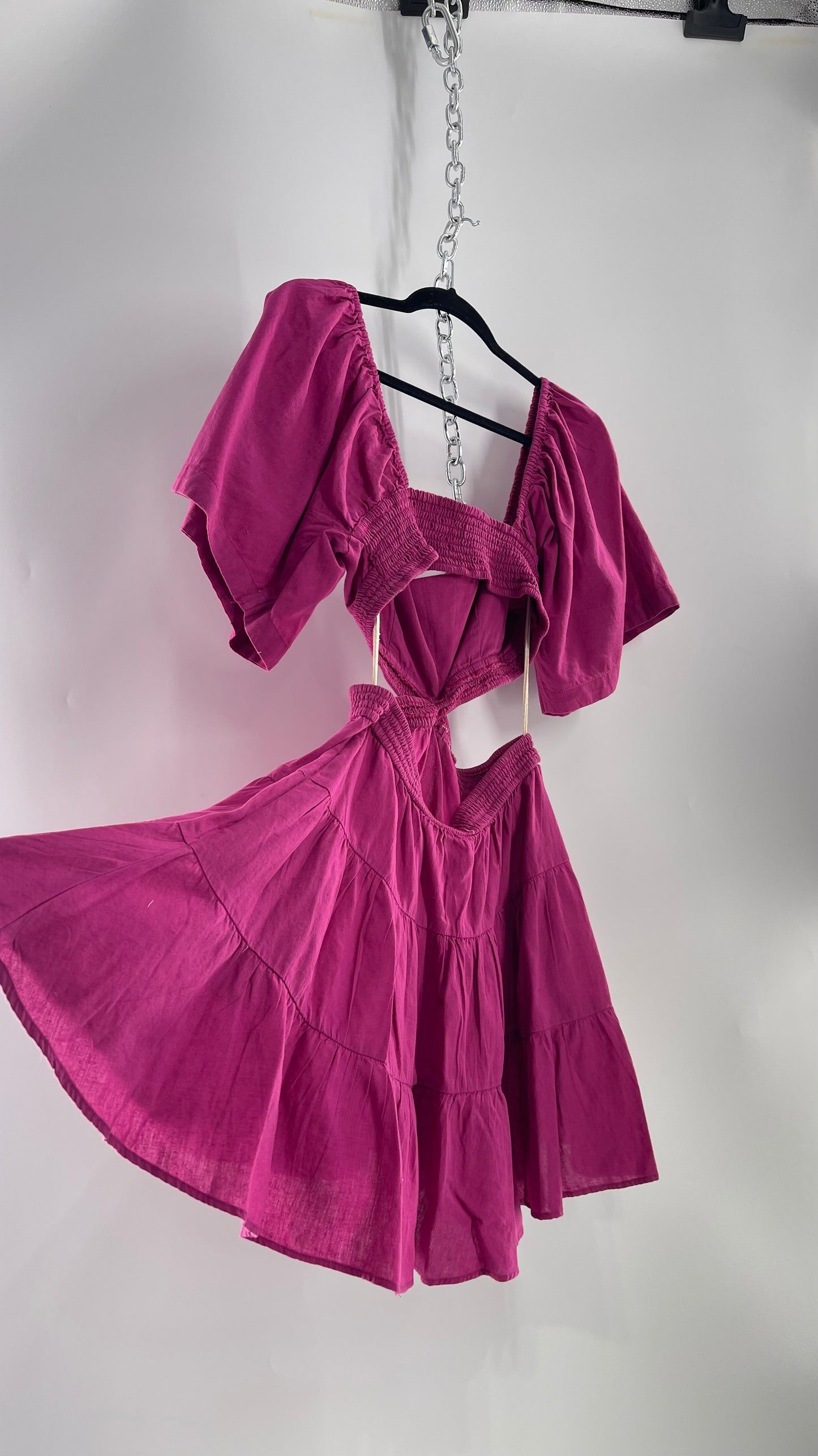 Free People Mauve Fuchsia Cotton/Linen Cut Out Sides Open Back Mini Dress (Small)