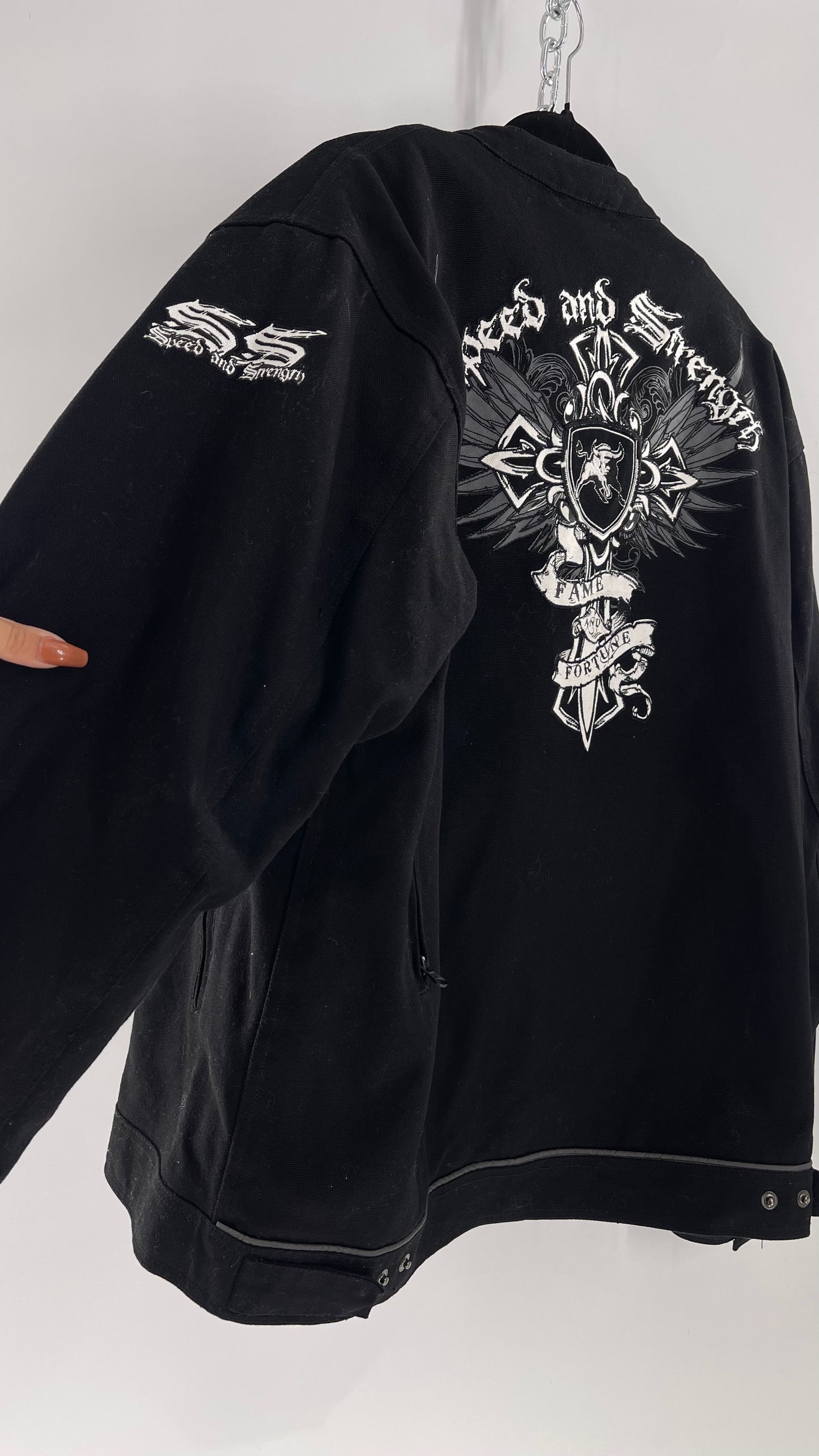 Vintage Speed + Strength Grunge Punk Riding Motorcycle Jacket with Cross Embroidery, Wings, Fame + Fortune, Speed + Strength Men’s Unisex (XXL)