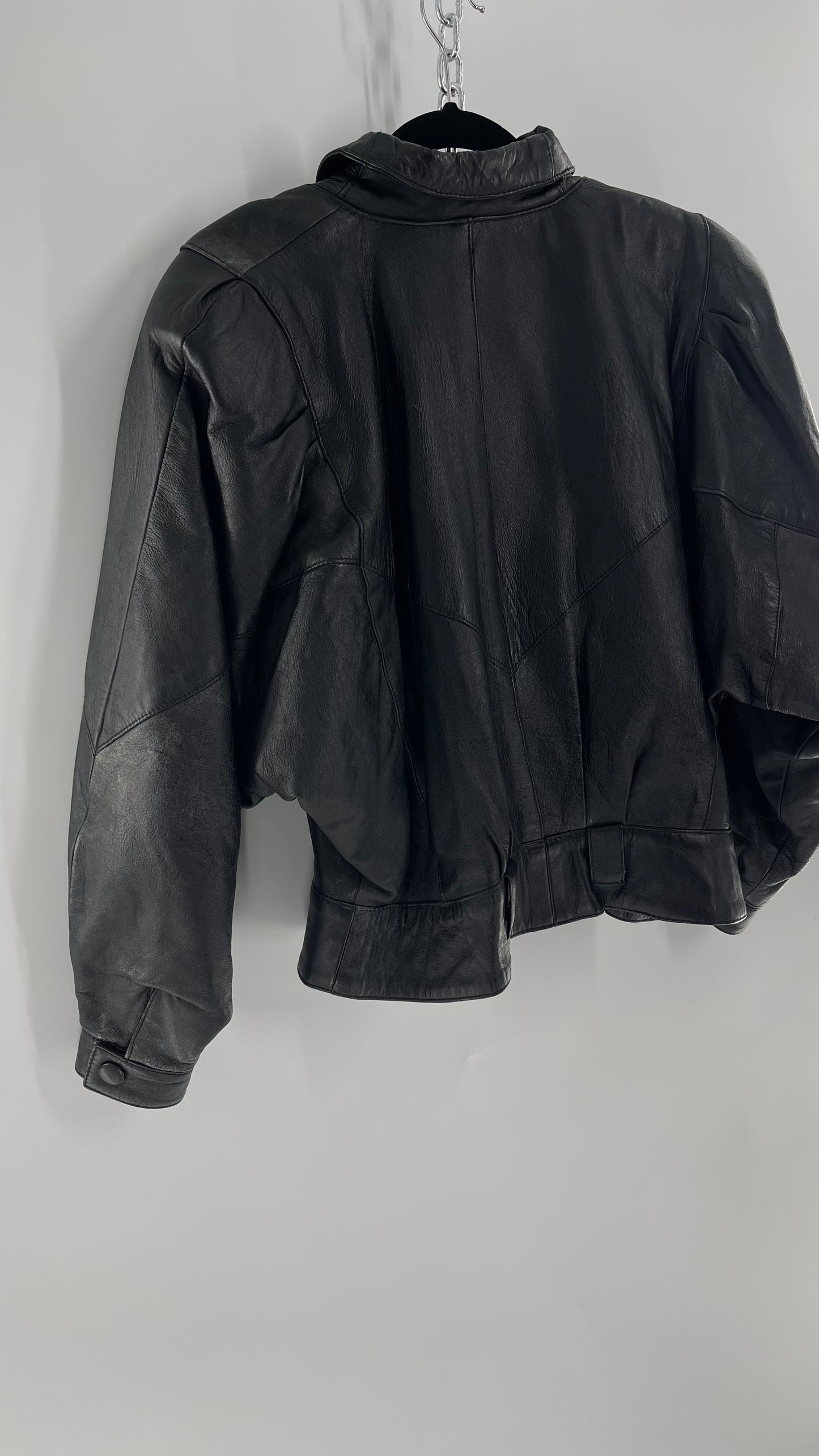 Vintage Black Leather Cropped Motorcycle Jacket (Medium)