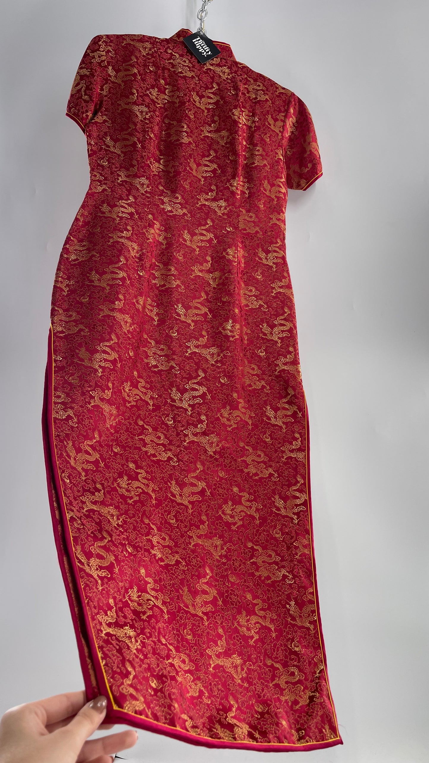 Vintage 1980s Chinese Red Silk Dragon Motif Printed/Embroidered Qipao (XL)