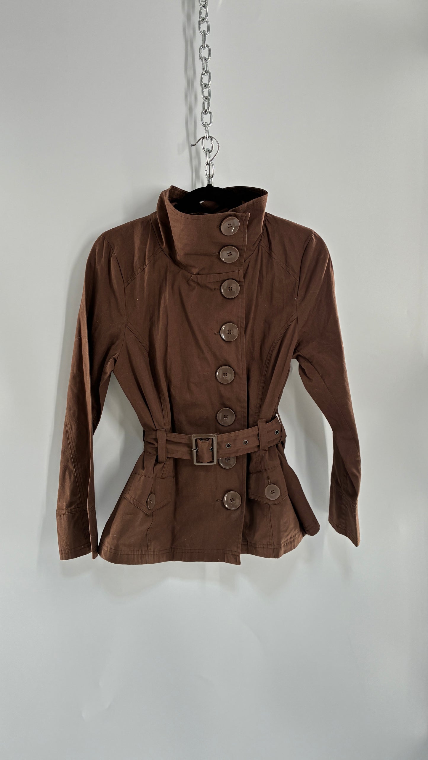 Vintage LAST KISS Brown Belted Trench Jacket with Pipe Neck and Oversized Buttons (Medium)