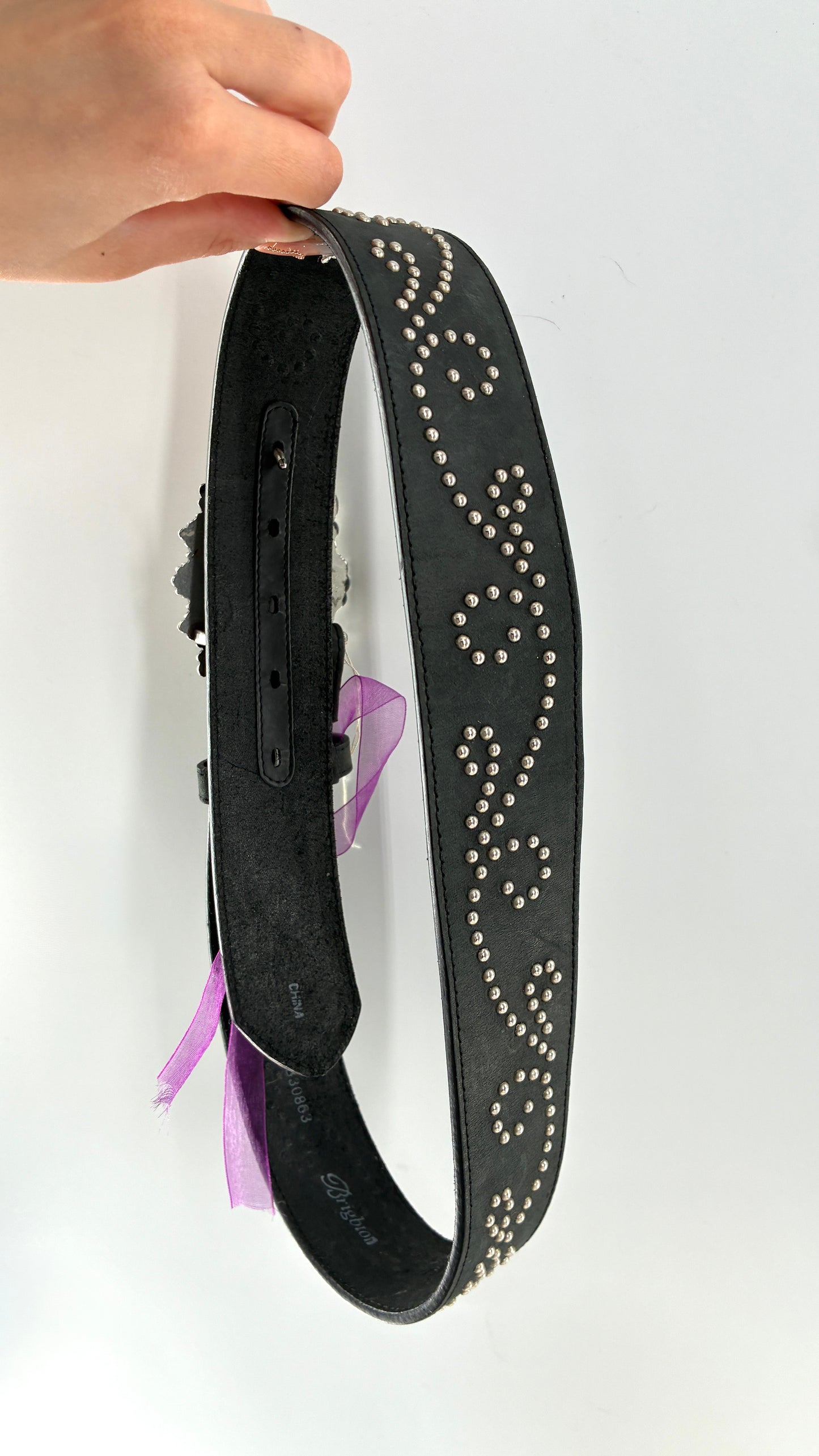 Extremely RARE Vintage BRIGHTON Genuine Leather Black Studded Belt with Crowned Heart Buckle (ML32)