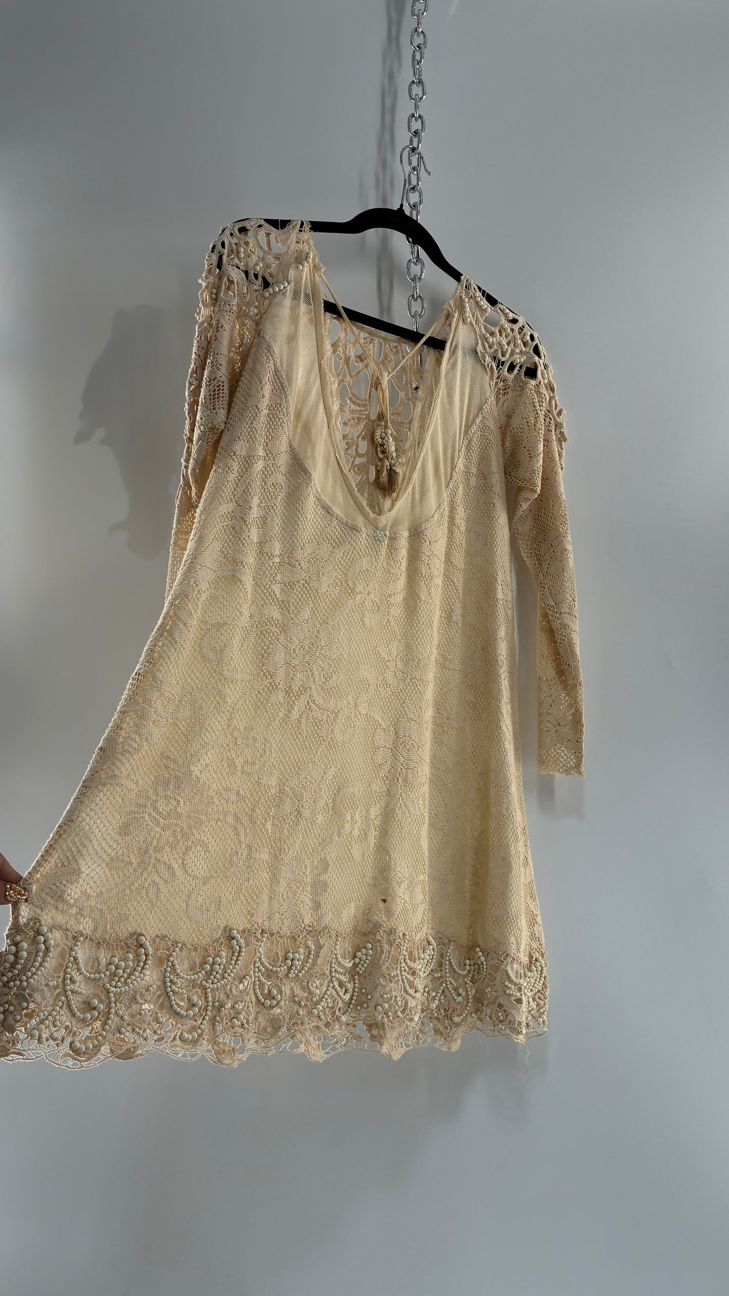 Vintage Free People Beige Long Sleeve Lace Dress with Deep Neckline, Low Back and Beaded Details