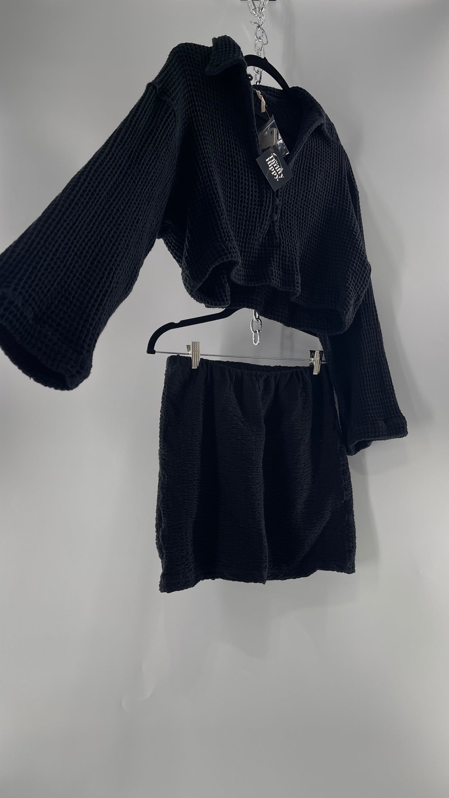 Free People Waffle Knit Black Cropped Button Up and Skirt Set with Tags Attached (Small)