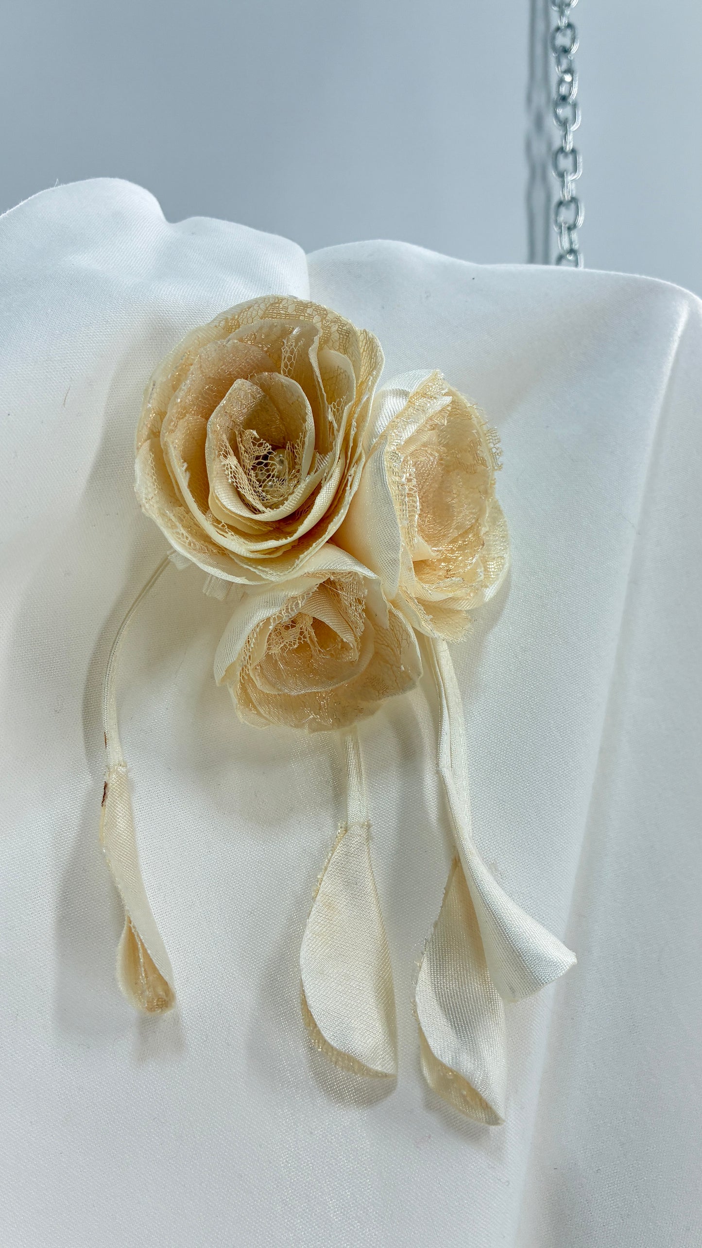 Vintage Brooch Pin: Oversized Rosette Cluster of Handmade Off White Satin and Lace Flowers with Pearl Center