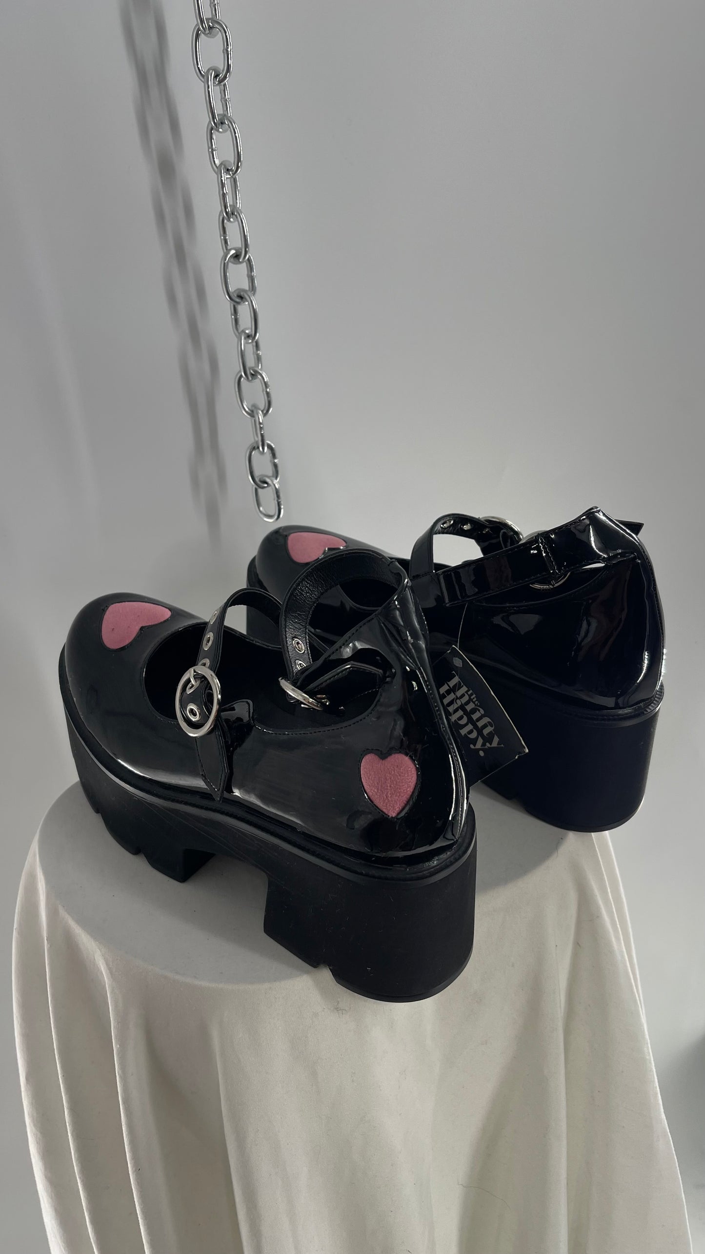 LaModa Ironic Black Patent Multibuckle Mary Jane with Pink Hearts (8)