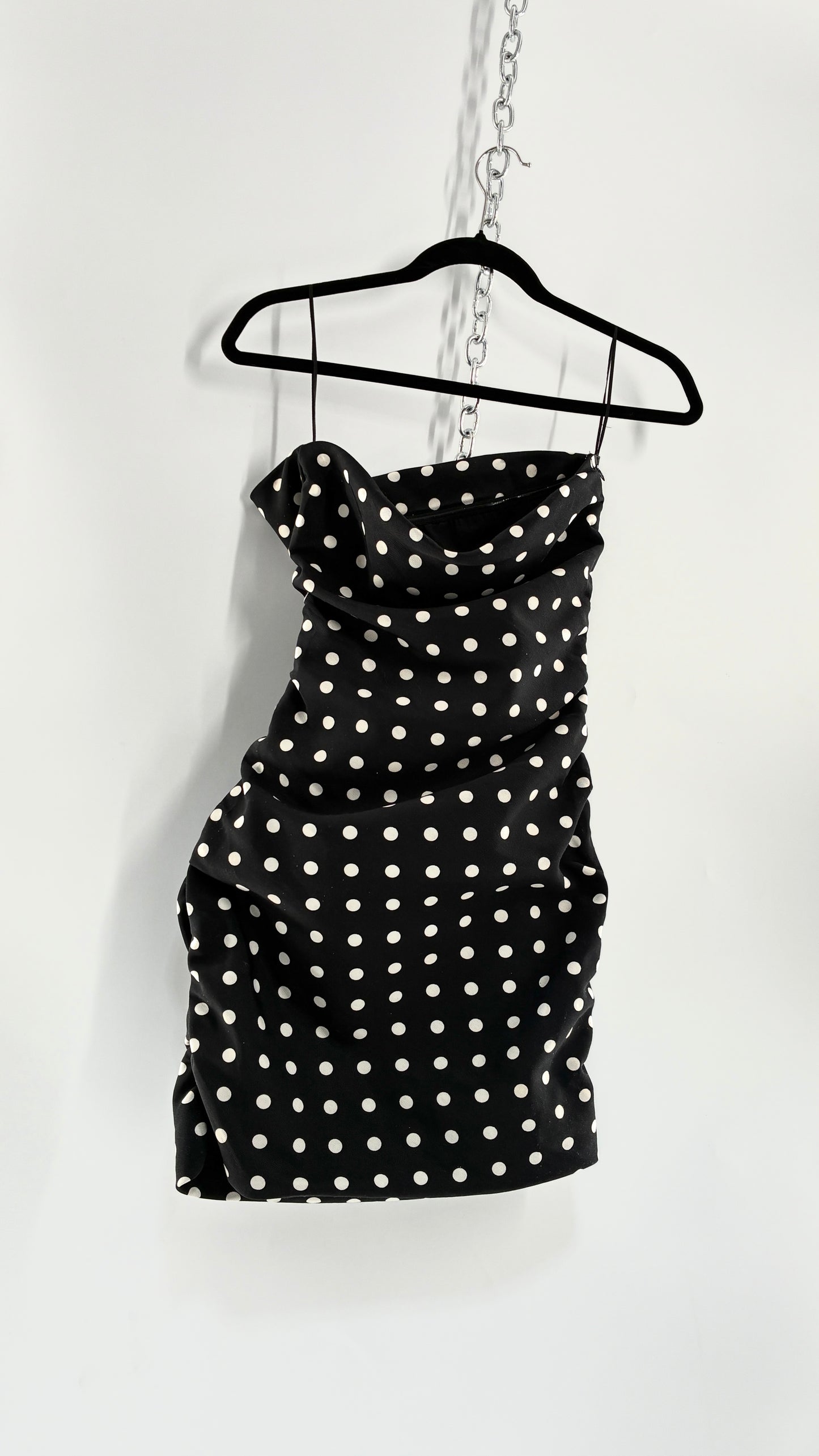 LIONESS Black and White Polka Dot Bodycon Ruched Mini Dress (Small)